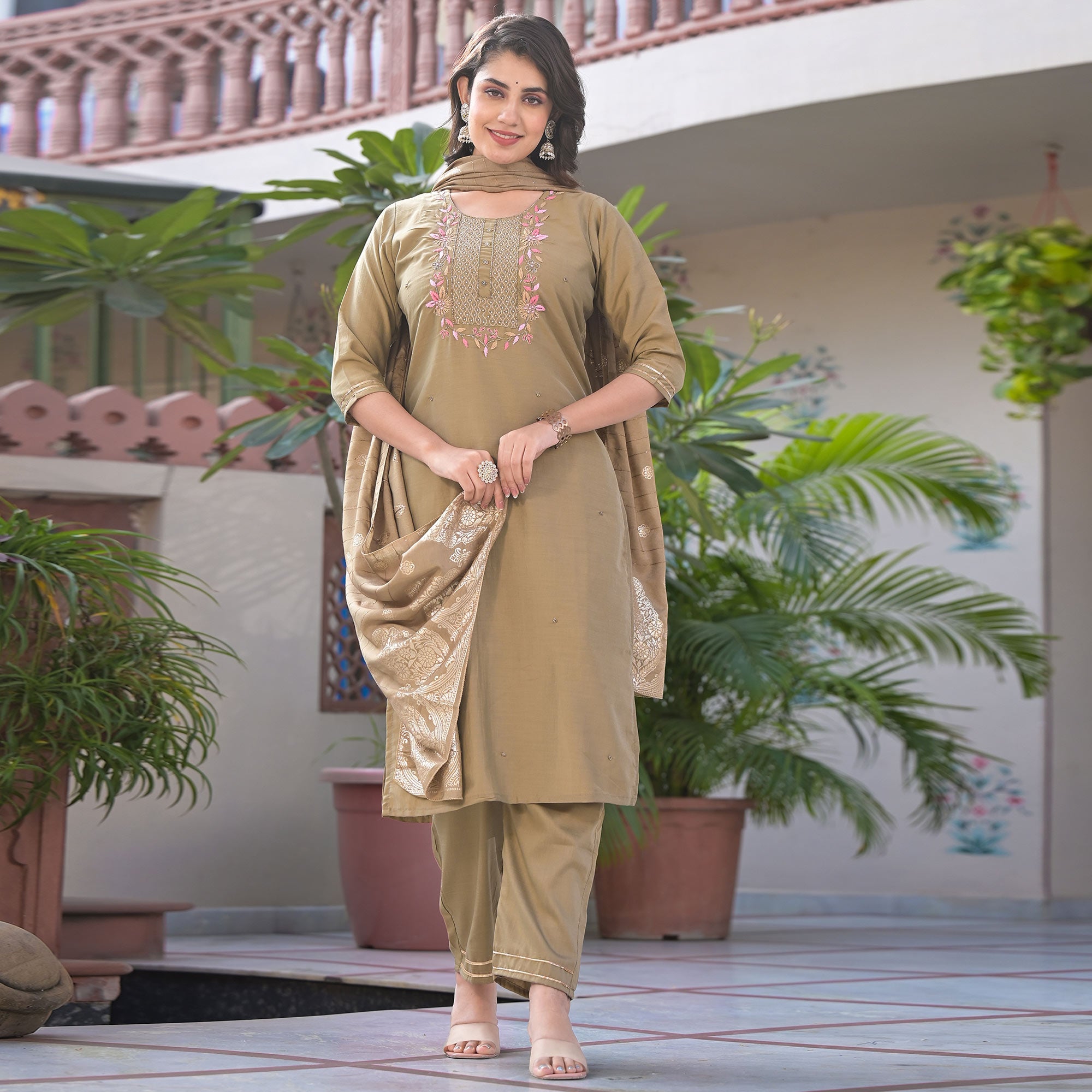 Chikoo Embroidered Chinon Salwar Suit With Handwork