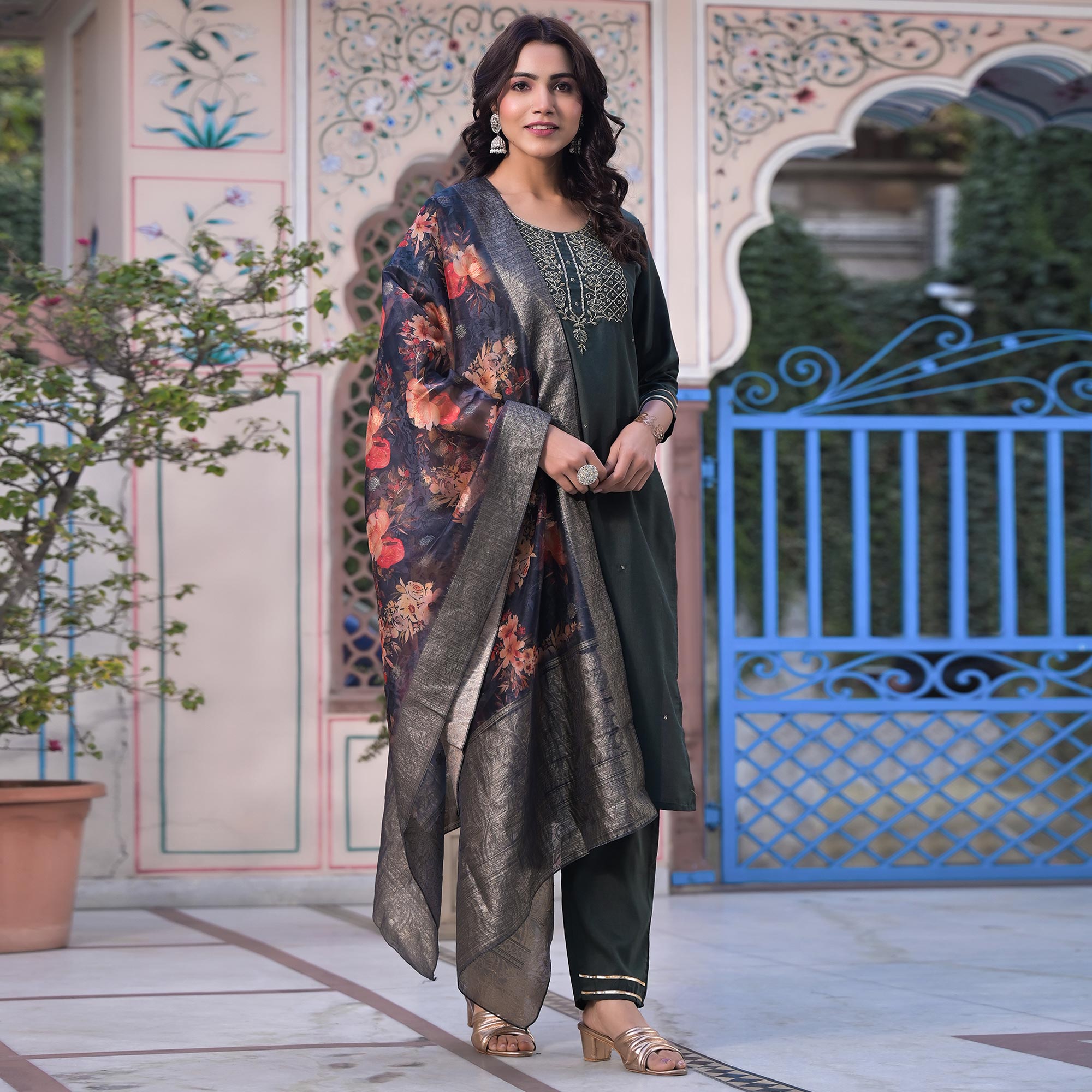 Grey Embroidered Dola Silk Straight Cut Salwar Suit