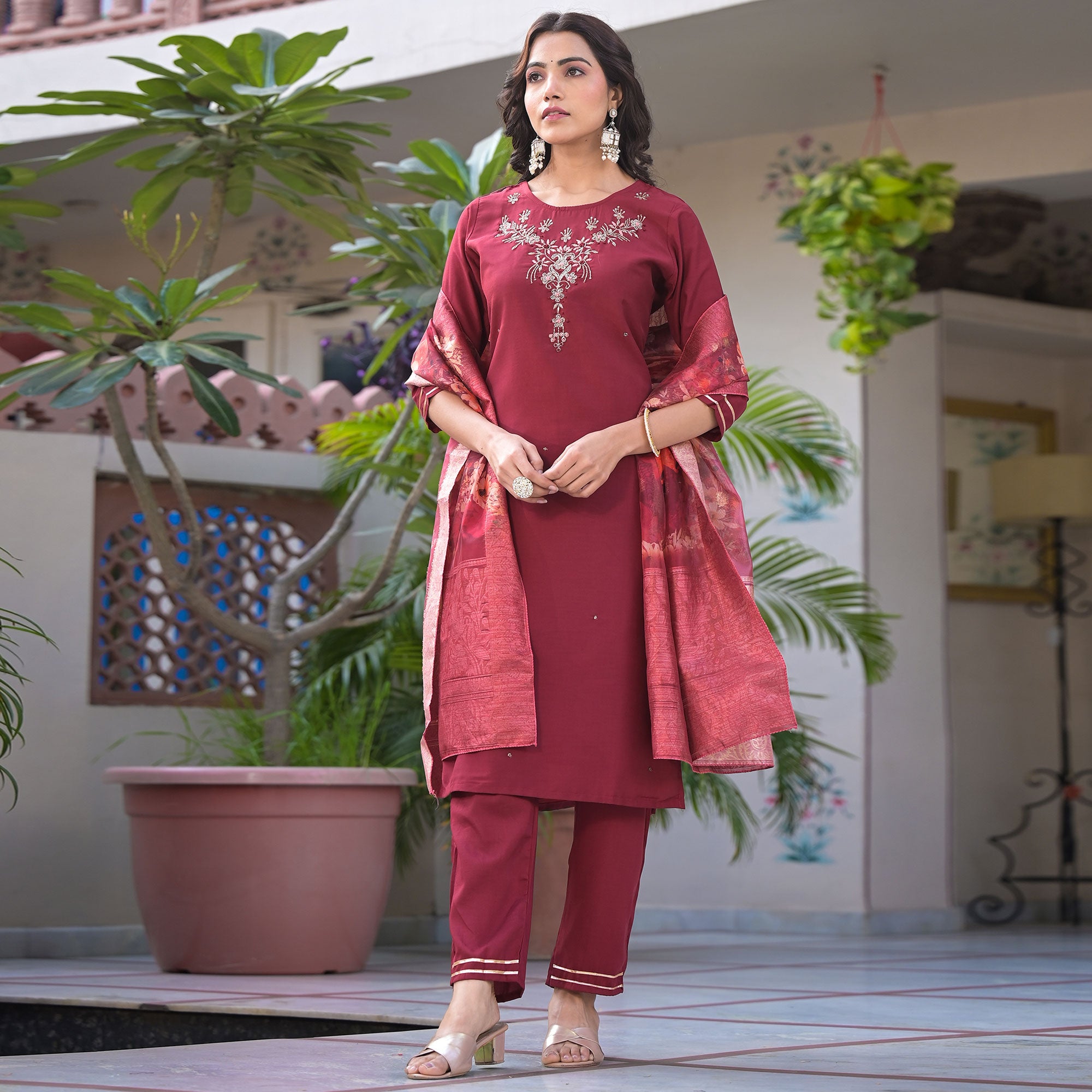 Maroon Embroidered Dola Silk Straight Cut Salwar Suit