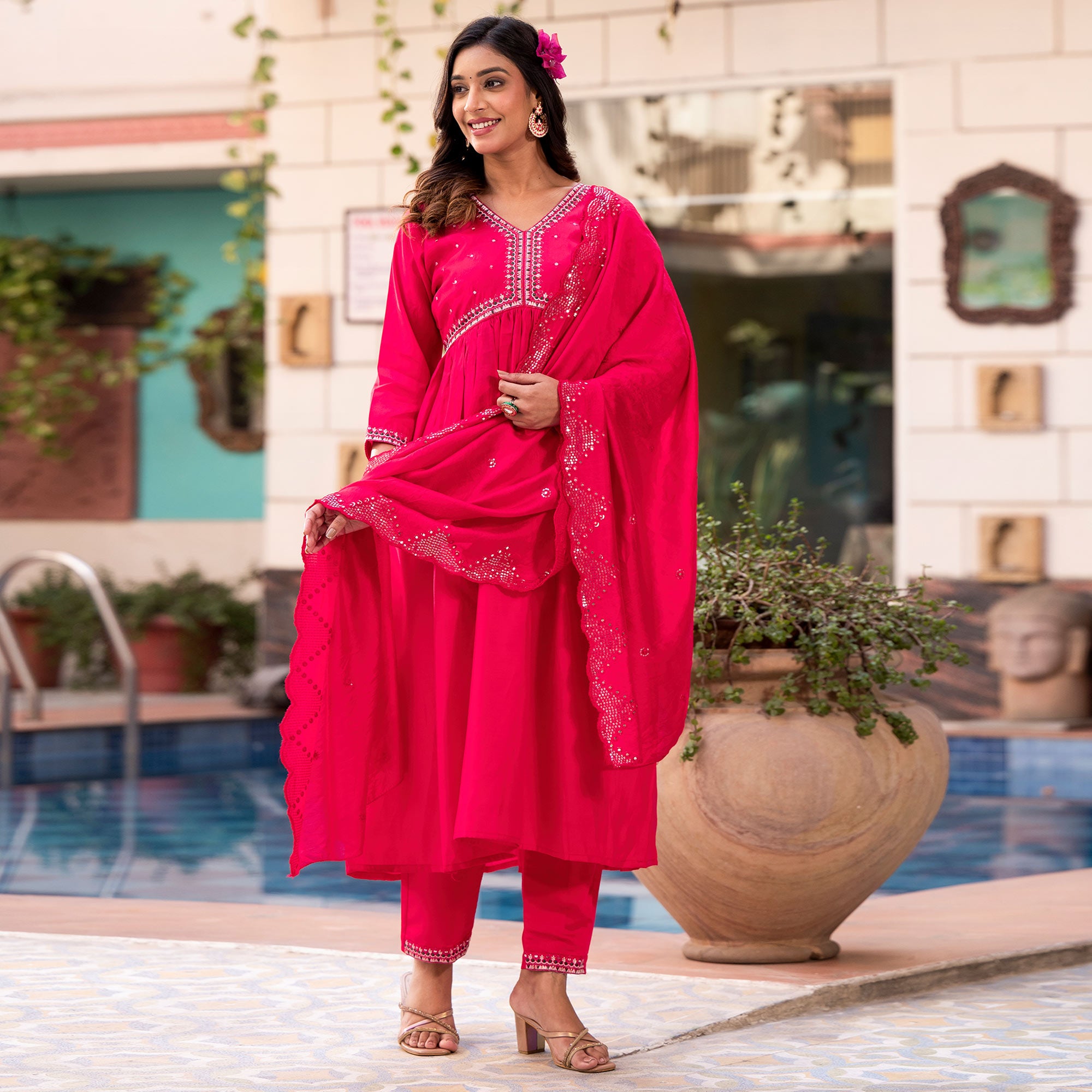 Pink Embroidered Pure Silk Alia Cut Salwar Suit