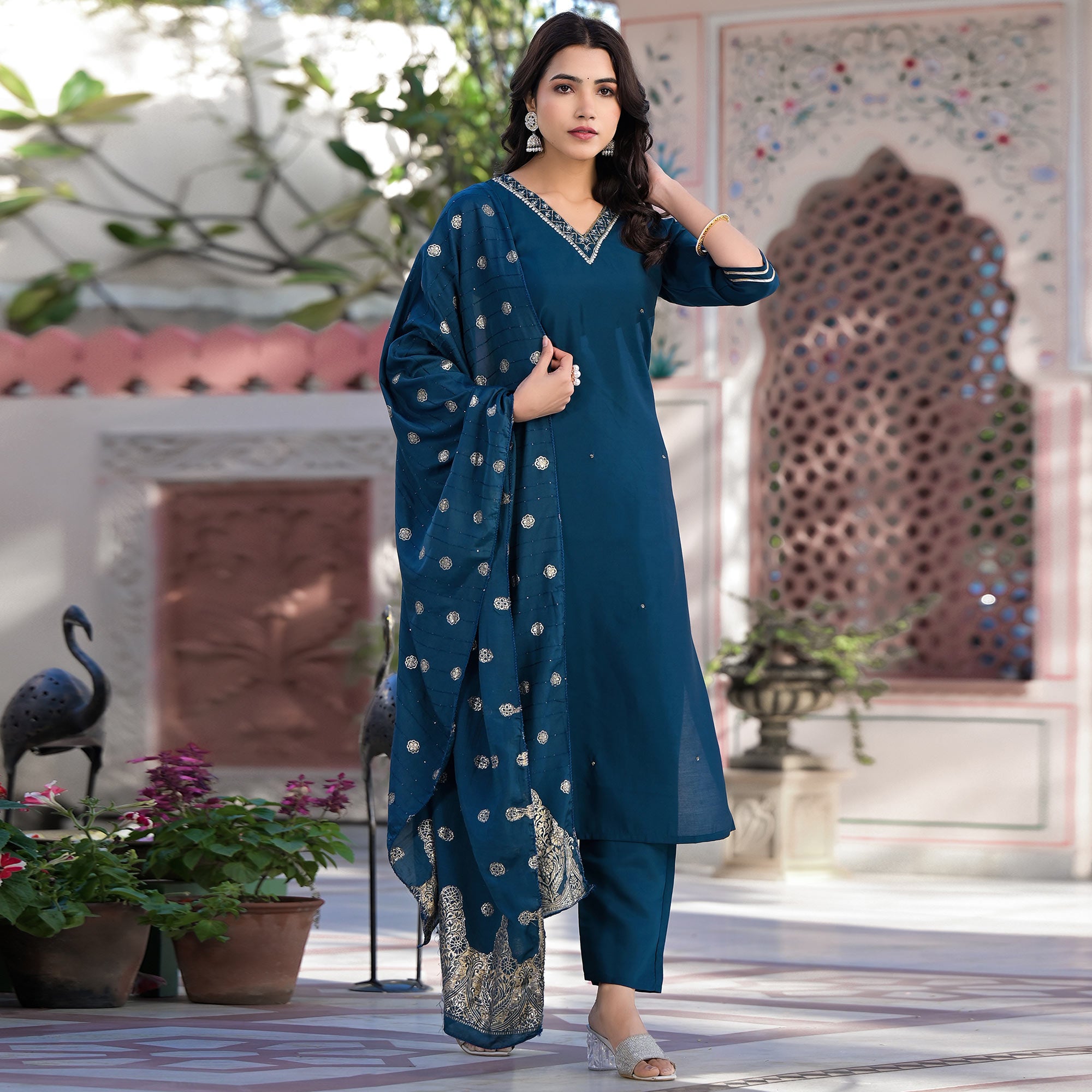 Blue Embroidered Pure Silk Straight Salwar Suit