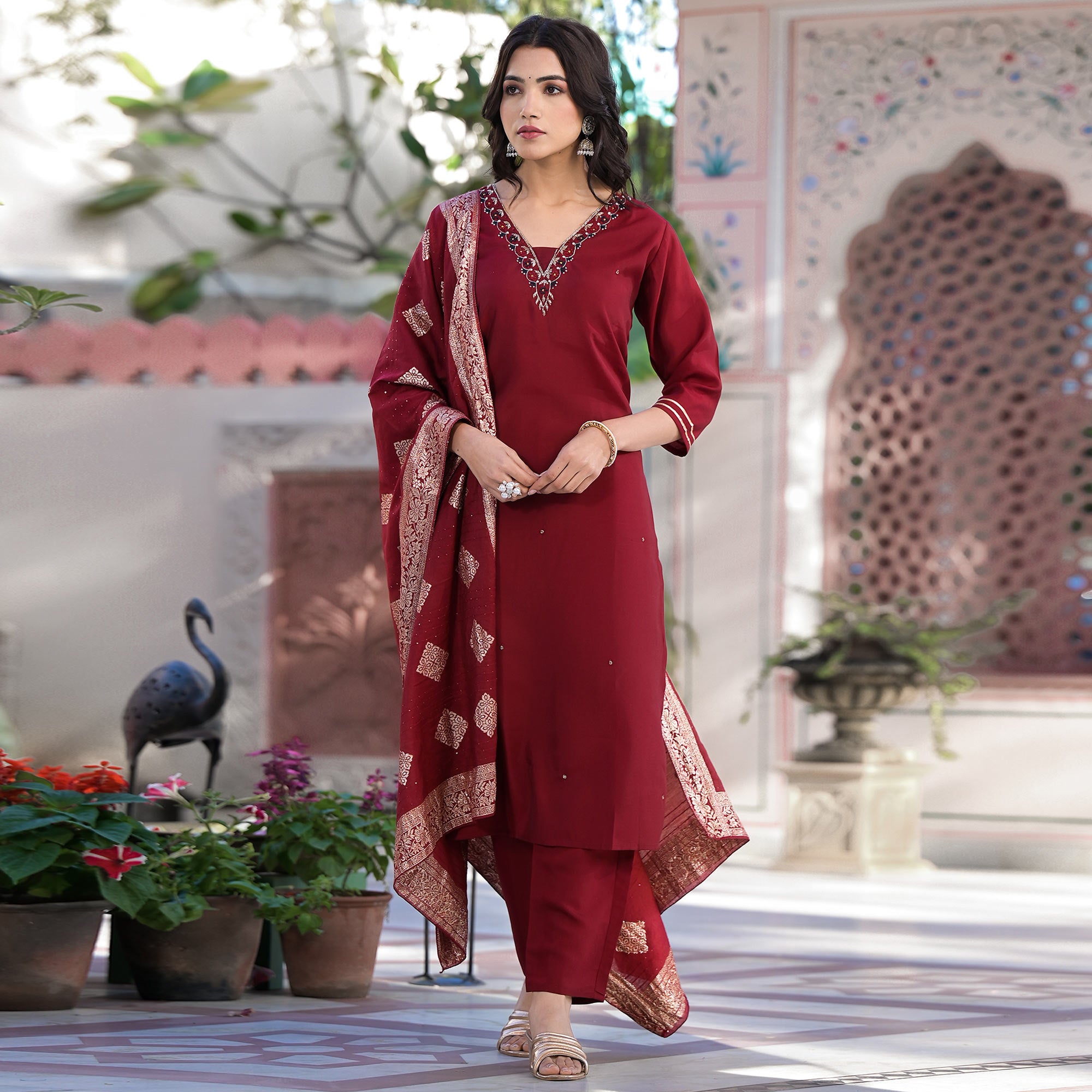 Maroon Embroidered Pure Silk Straight Salwar Suit