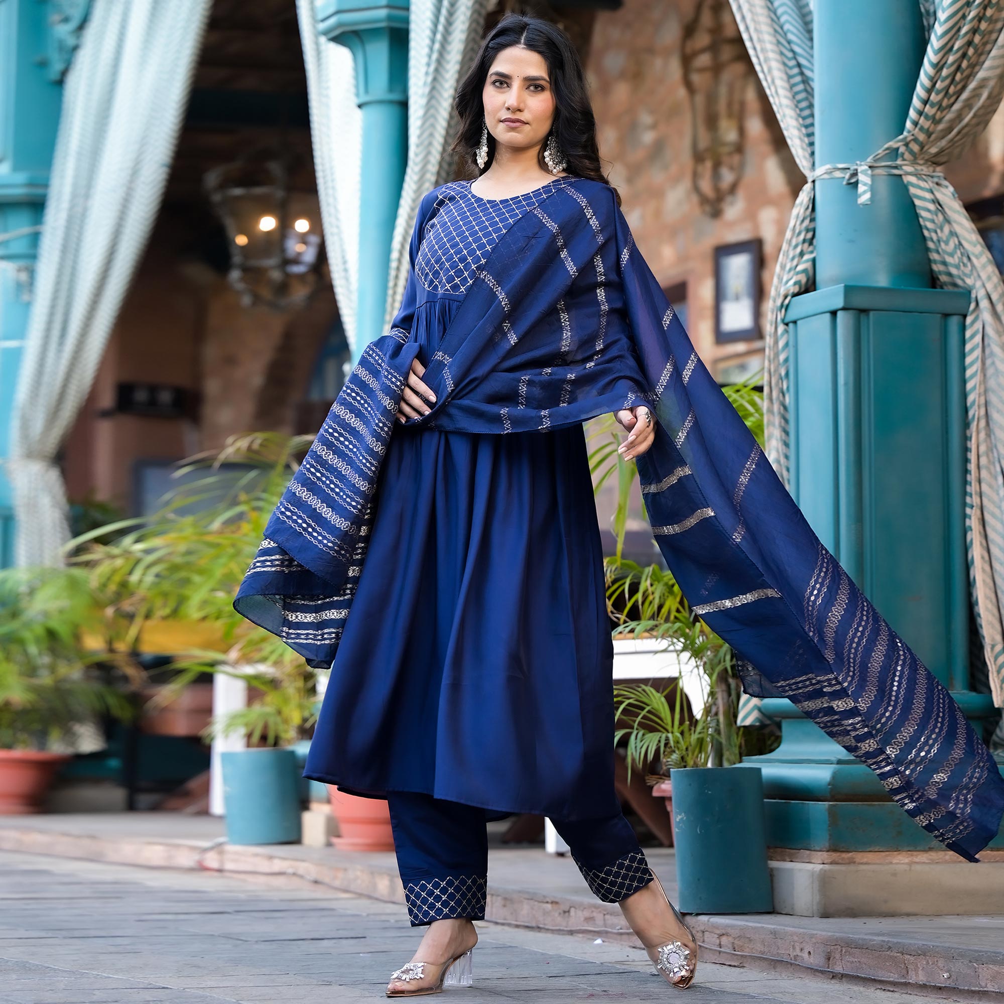 Blue Embroidered Pure Silk Naira Cut Salwar Suit