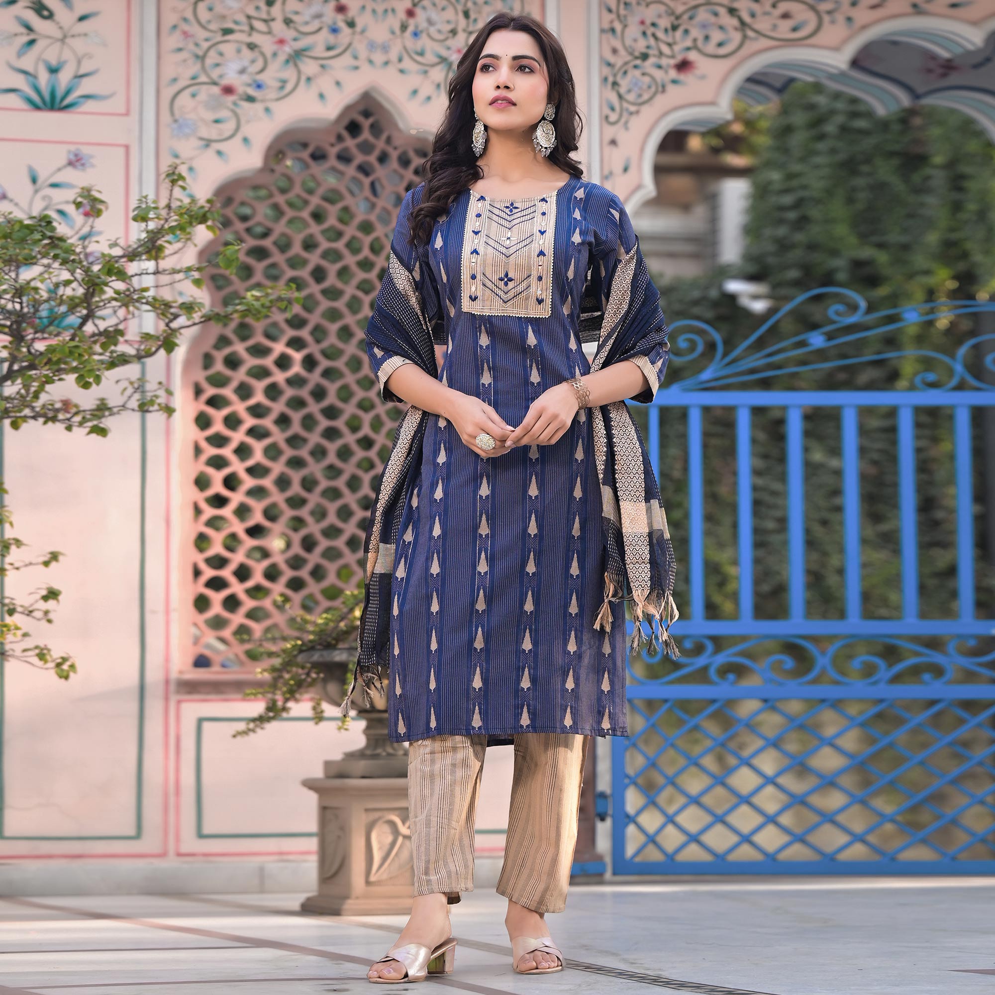 Blue Woven Pure Cotton Straight Salwar Suit