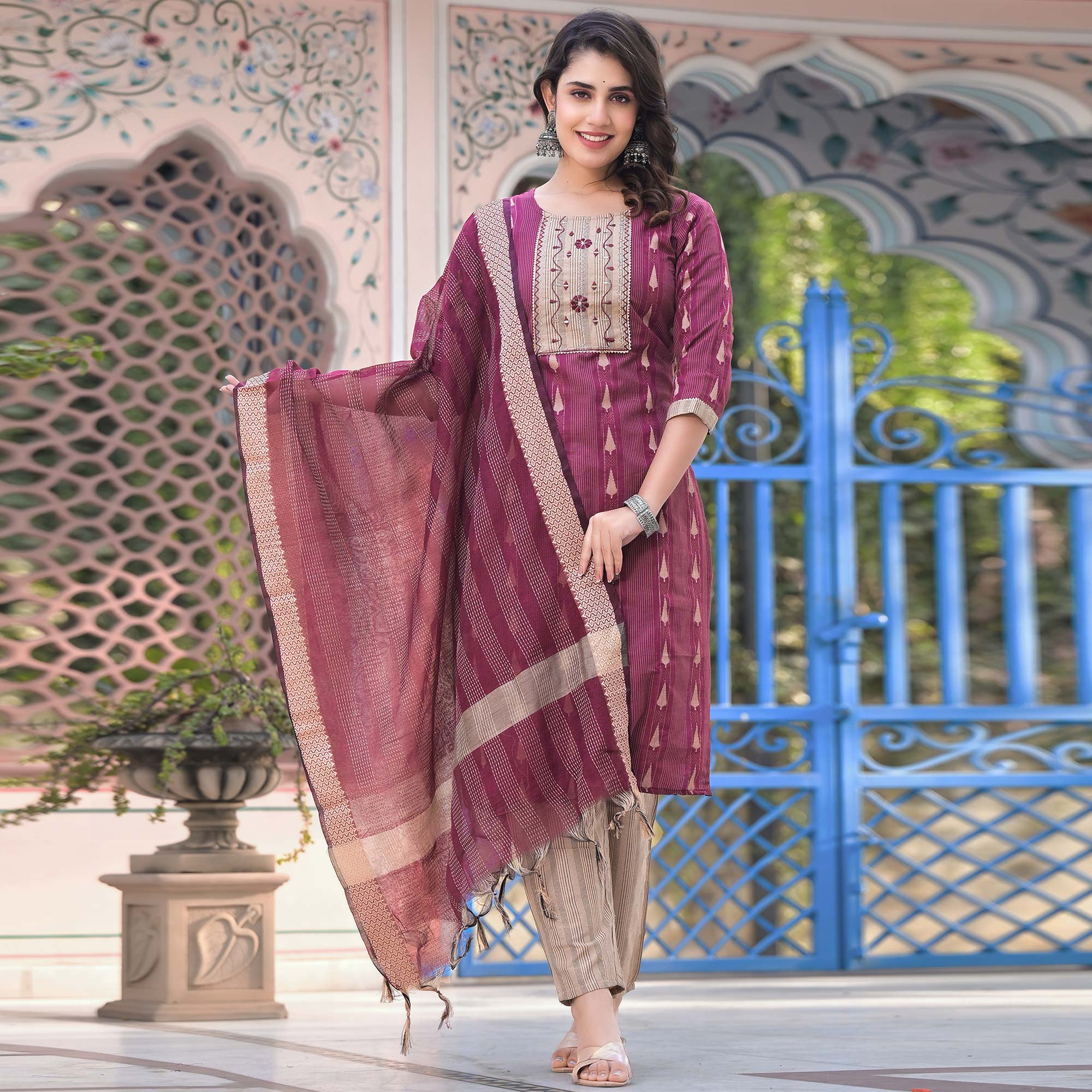 Wine Woven Pure Cotton Straight Salwar Suit
