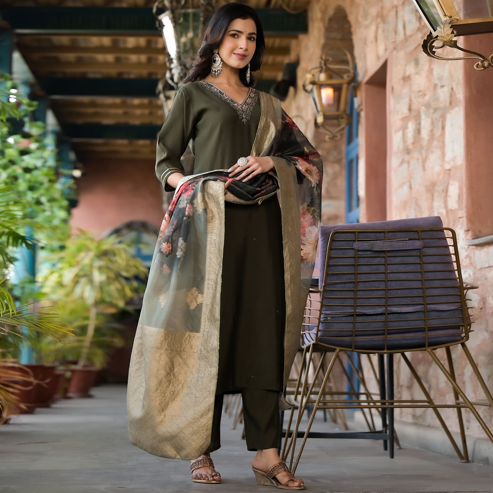Olive Green Embroidered Pure Silk Salwar Suit With Handcrafted