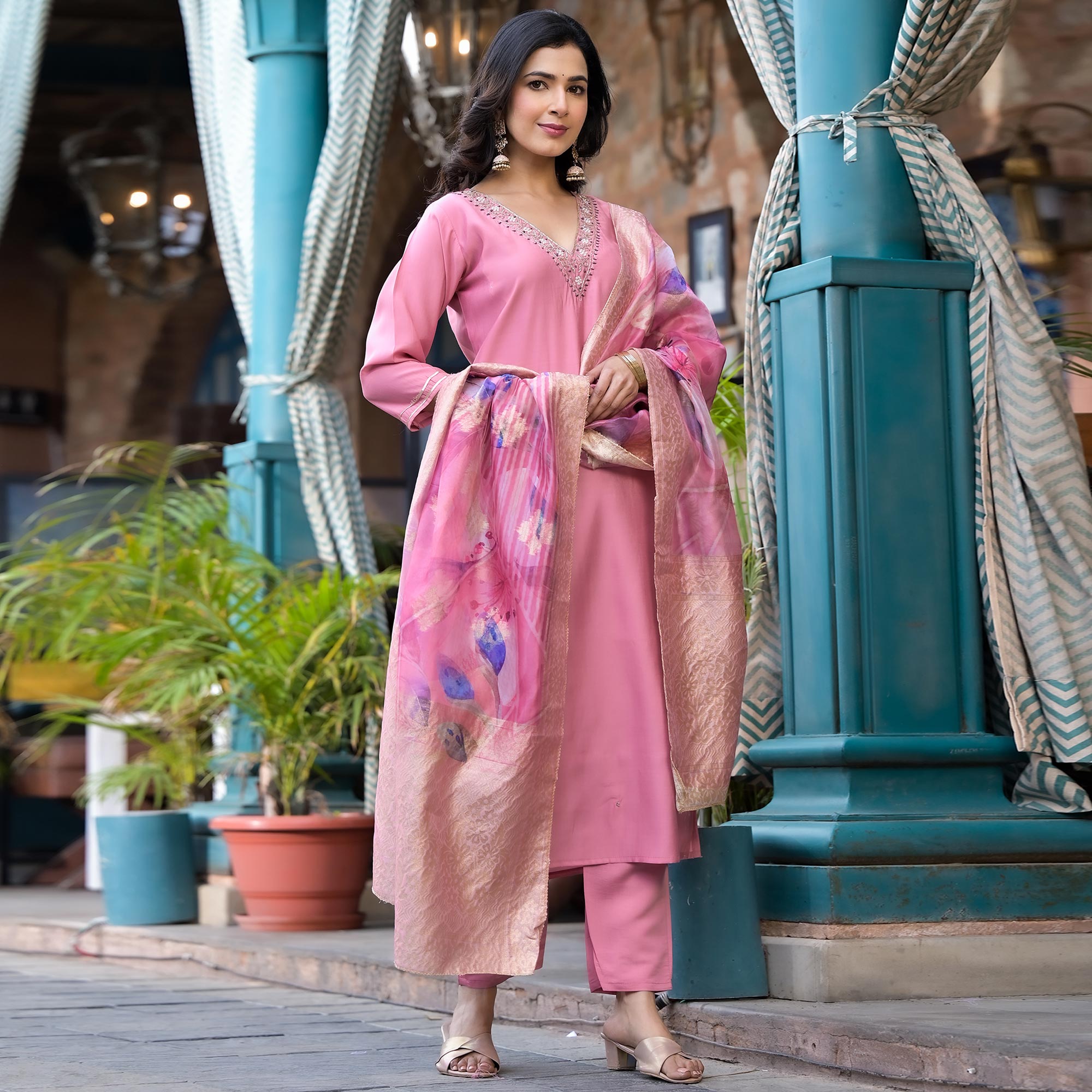 Pink Embroidered Pure Silk Salwar Suit With Handcrafted