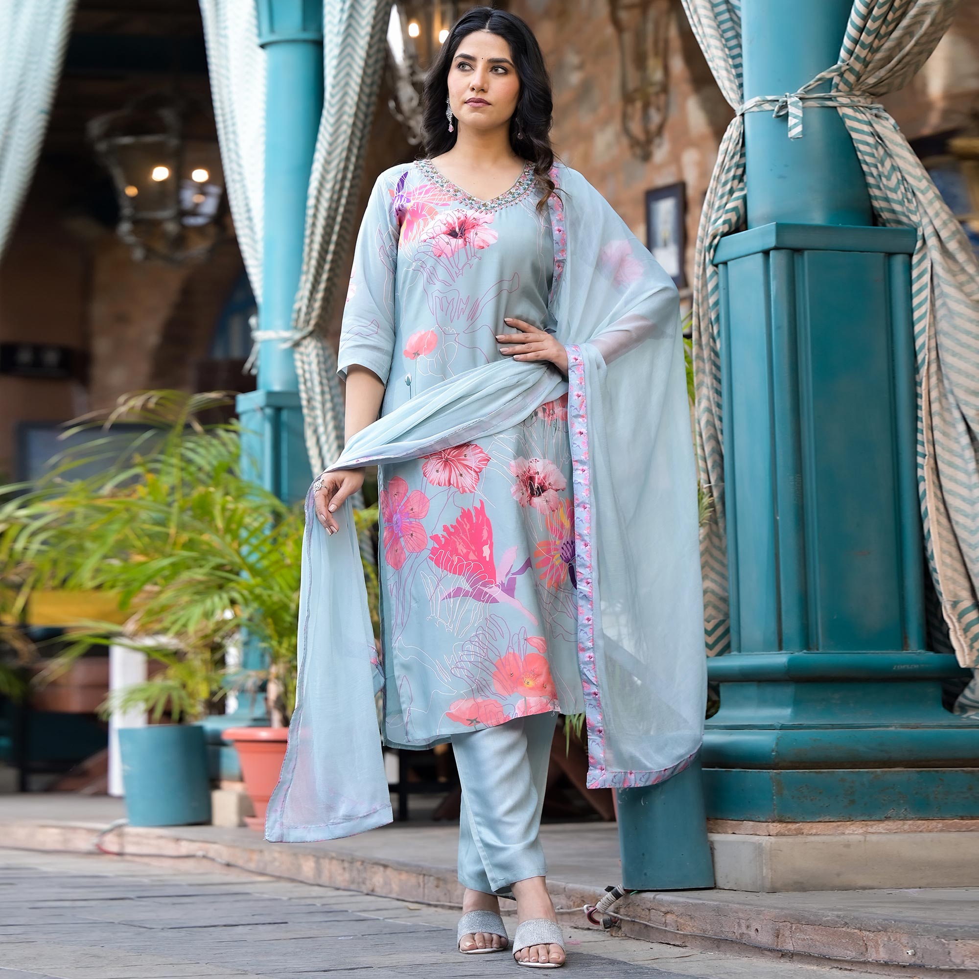 Country Blue Floral Printed Viscose Salwar Suit With Beads Work