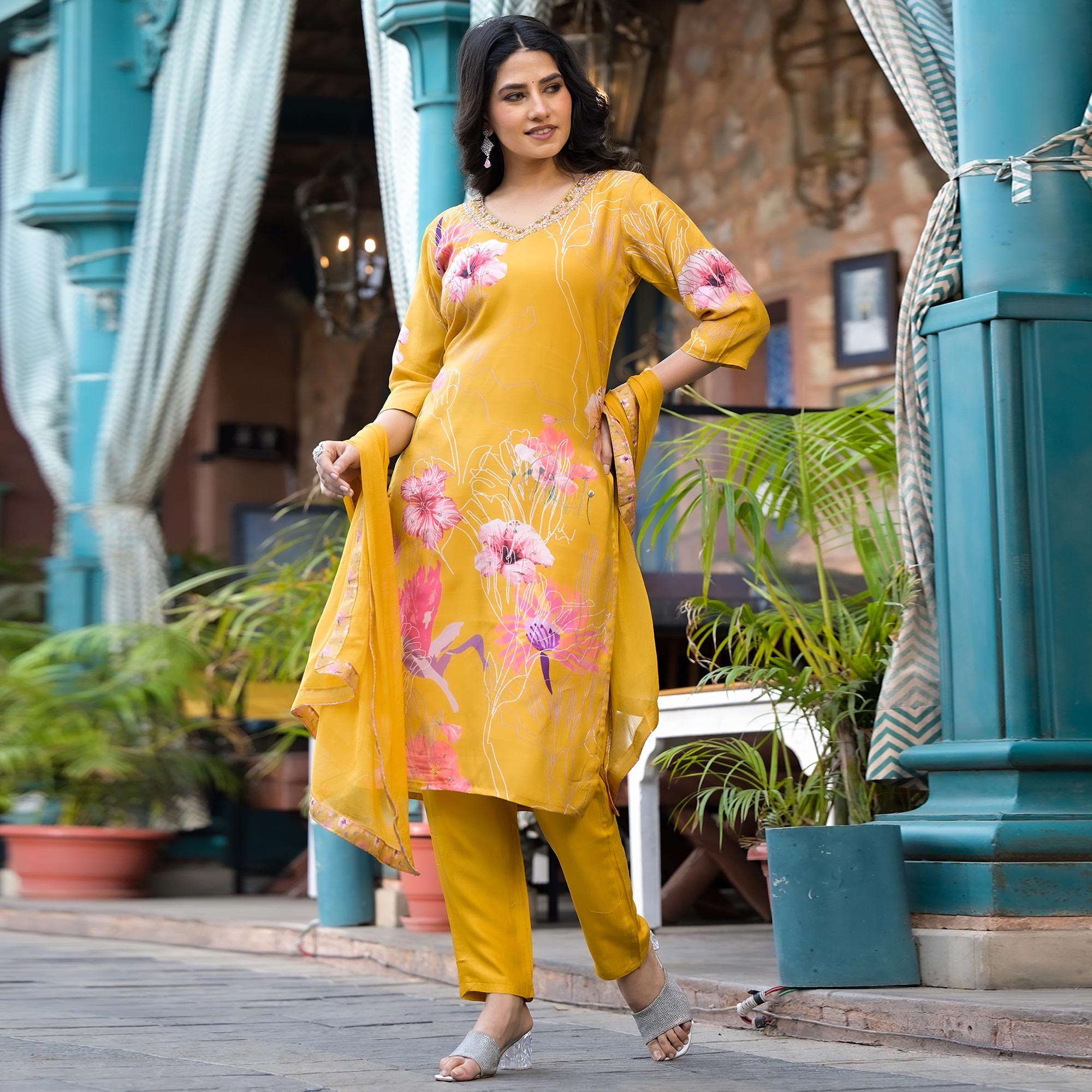 Mustard Floral Printed Viscose Salwar Suit With Beads Work