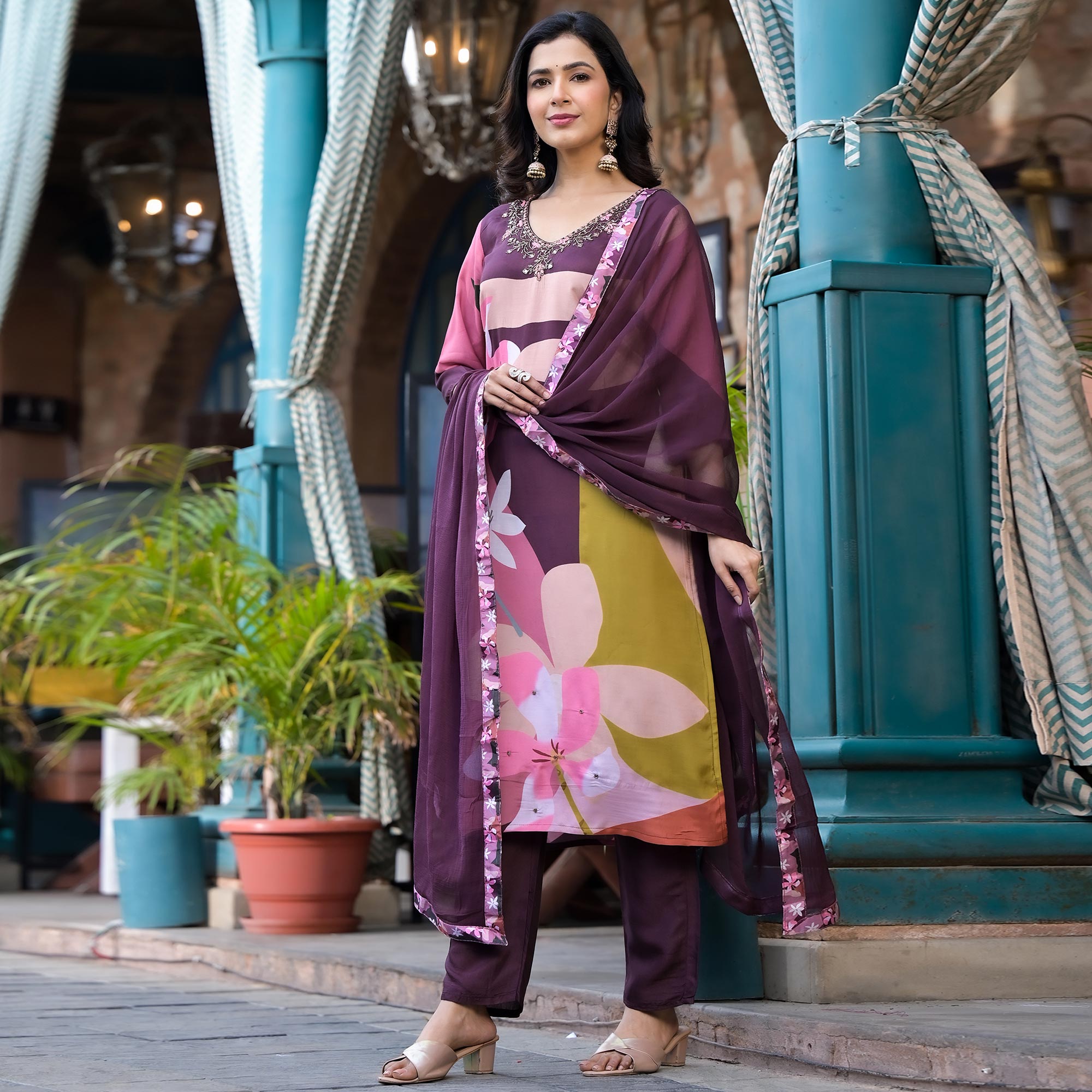 Purple Floral Printed Viscose Salwar Suit With Beads Work