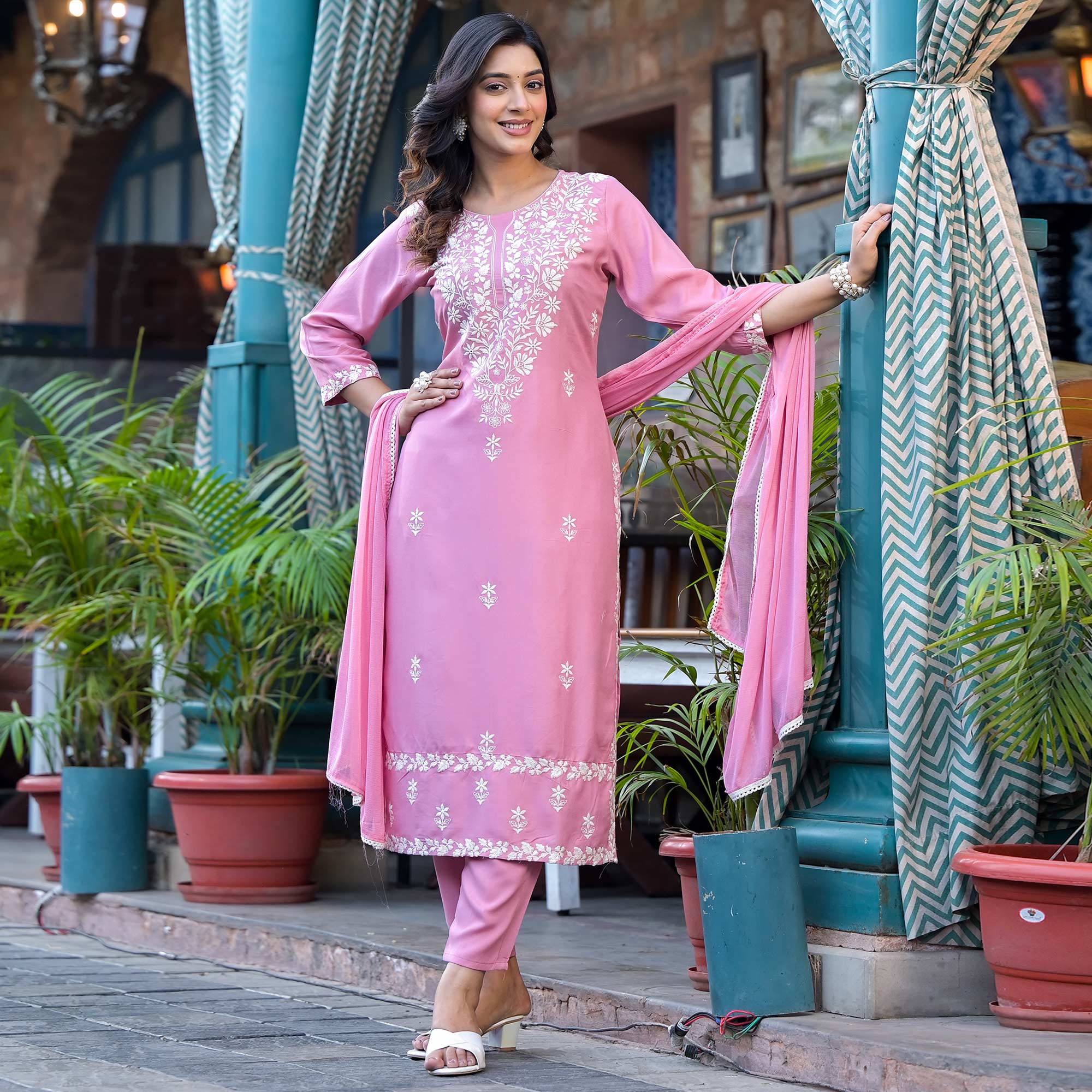 Pink Lucknowi Embroidered Rayon Salwar Suit