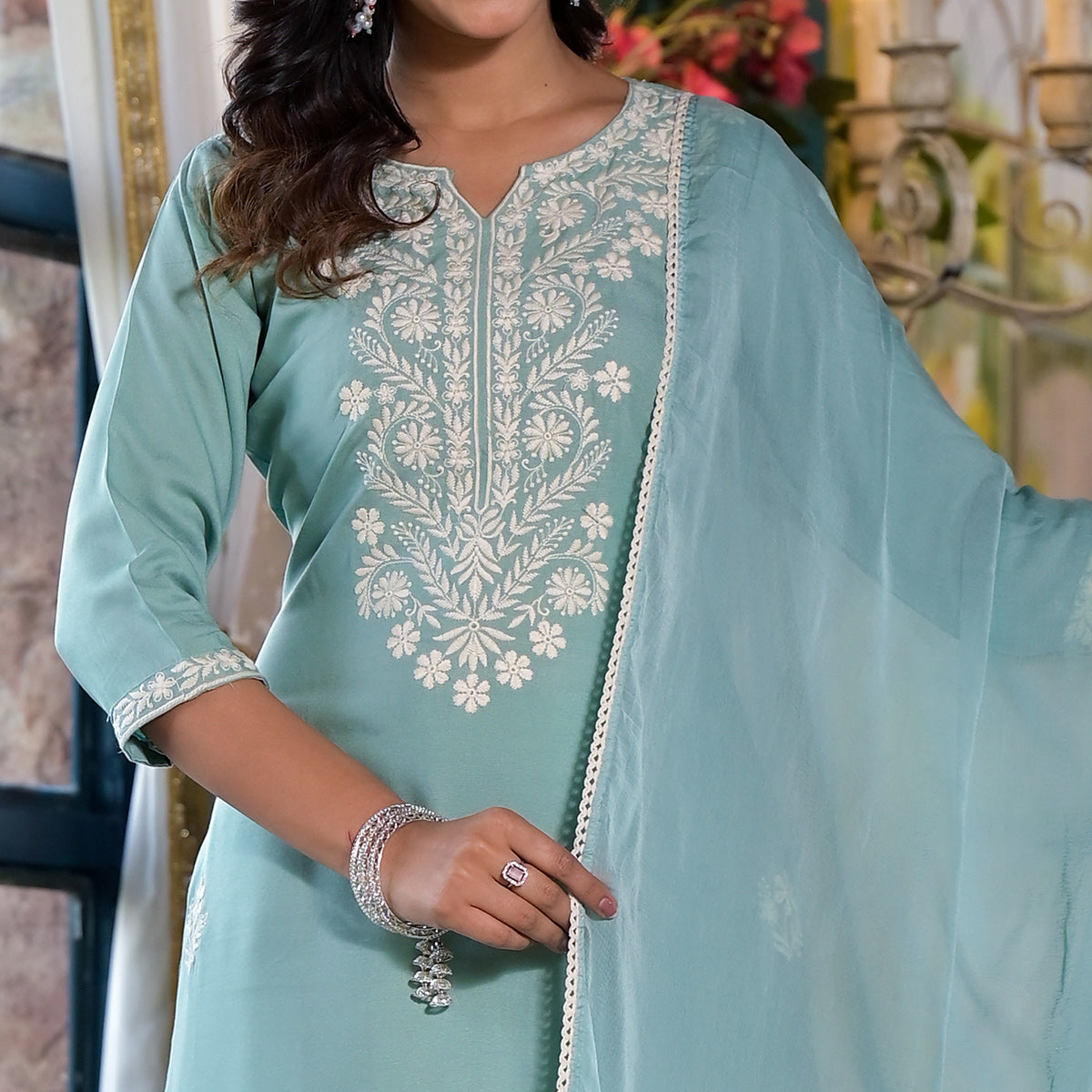 Sky Blue Lucknowi Embroidered Rayon Salwar Suit