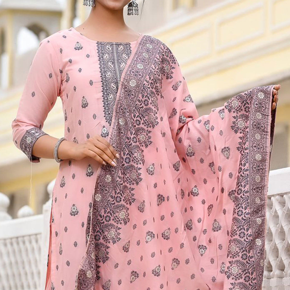 Peach Floral Woven Viscose Salwar Suit