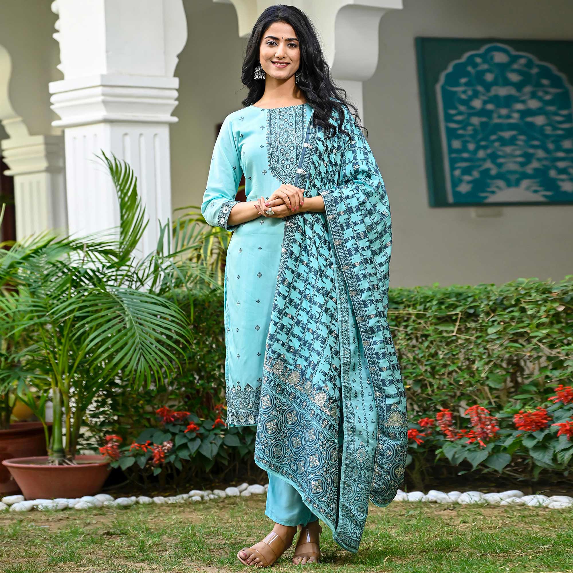 Turquoise Floral Woven Viscose Salwar Suit