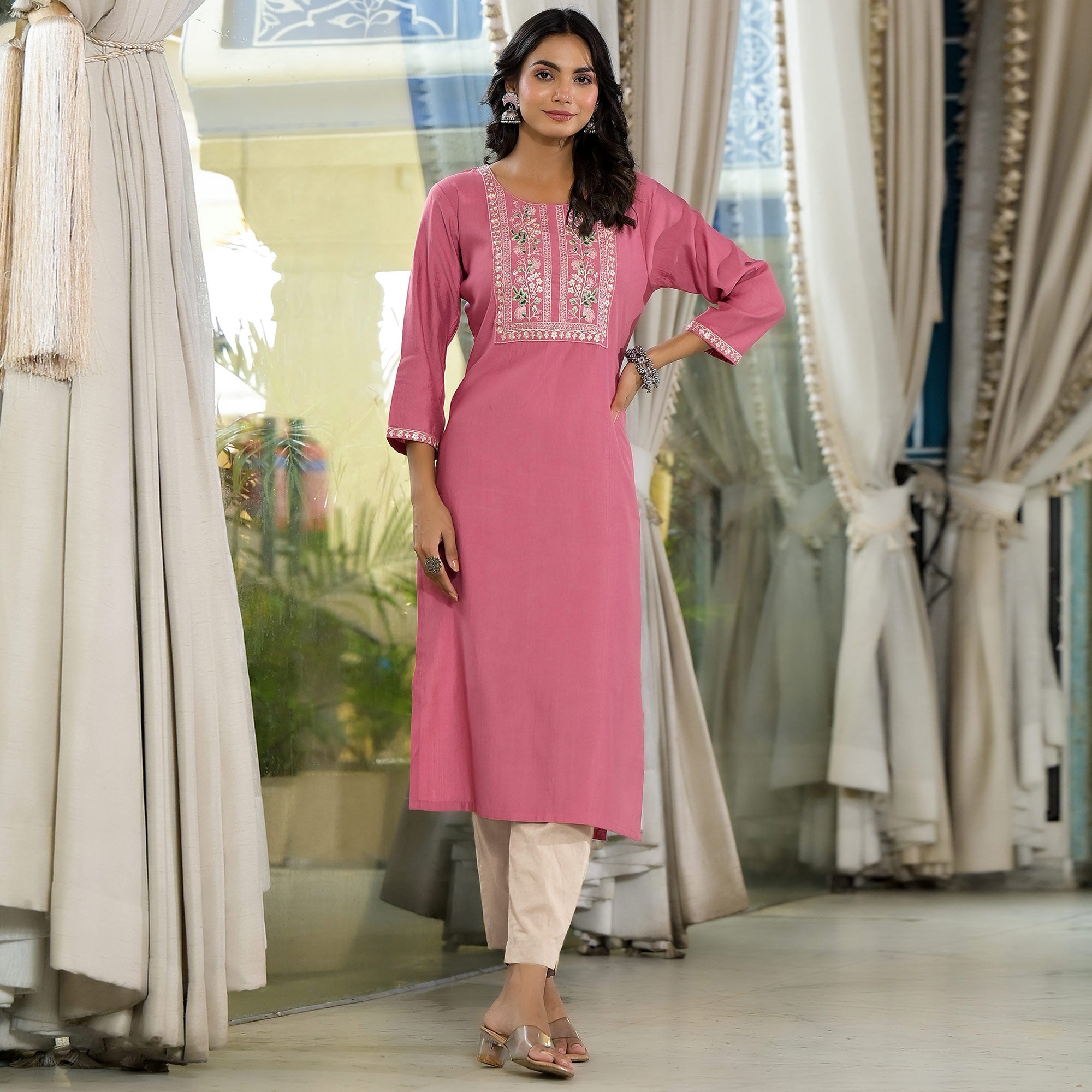 Pink Yoke Embroidered Viscose Straight Kurti