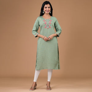 Mint Green Yoke Embroidered Viscose Straight Kurti