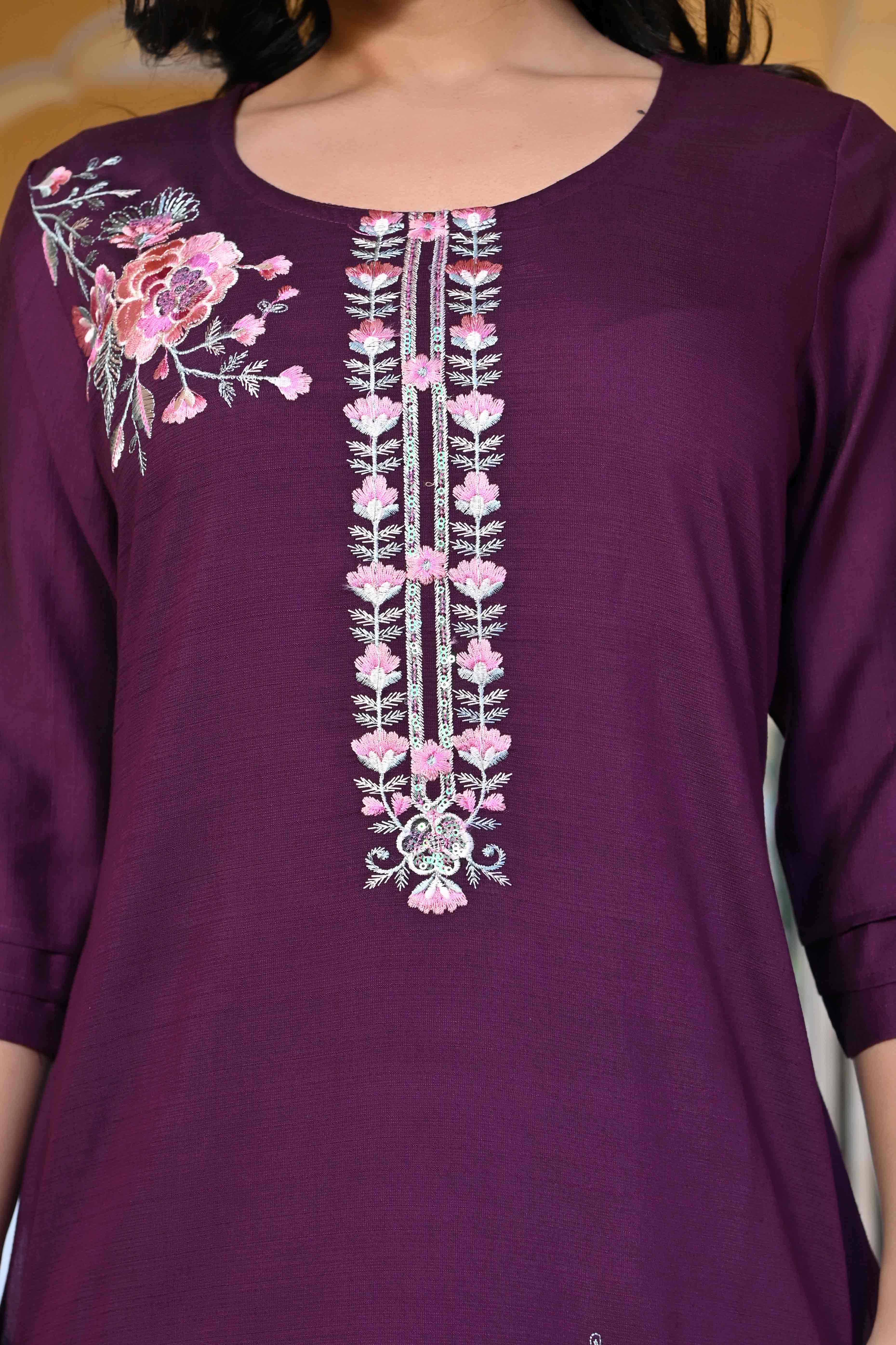 Purple Floral Embroidered Viscose Straight Kurti