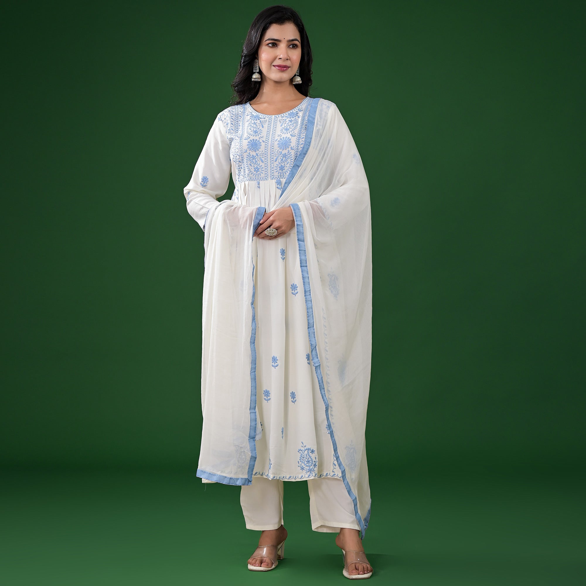 White Floral Embroidered Rayon A-Line Salwar Suit