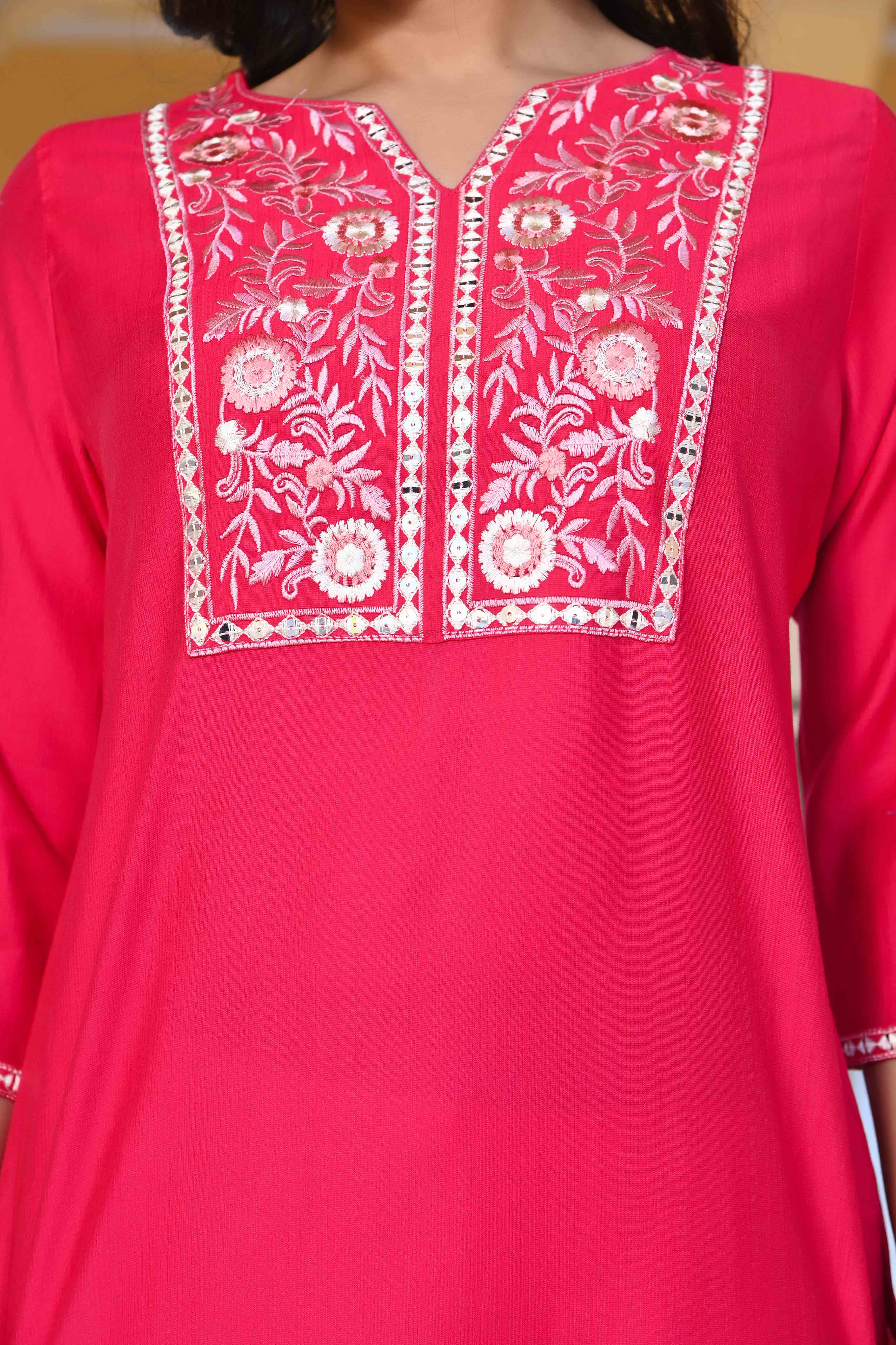 Pink Yoke Embroidered Pure Cotton Straight Kurti