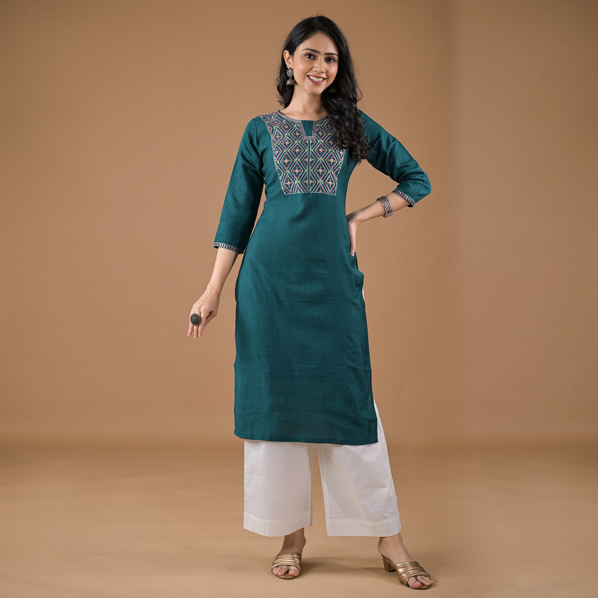 Green Yoke Embroidered Pure Cotton Straight Kurti