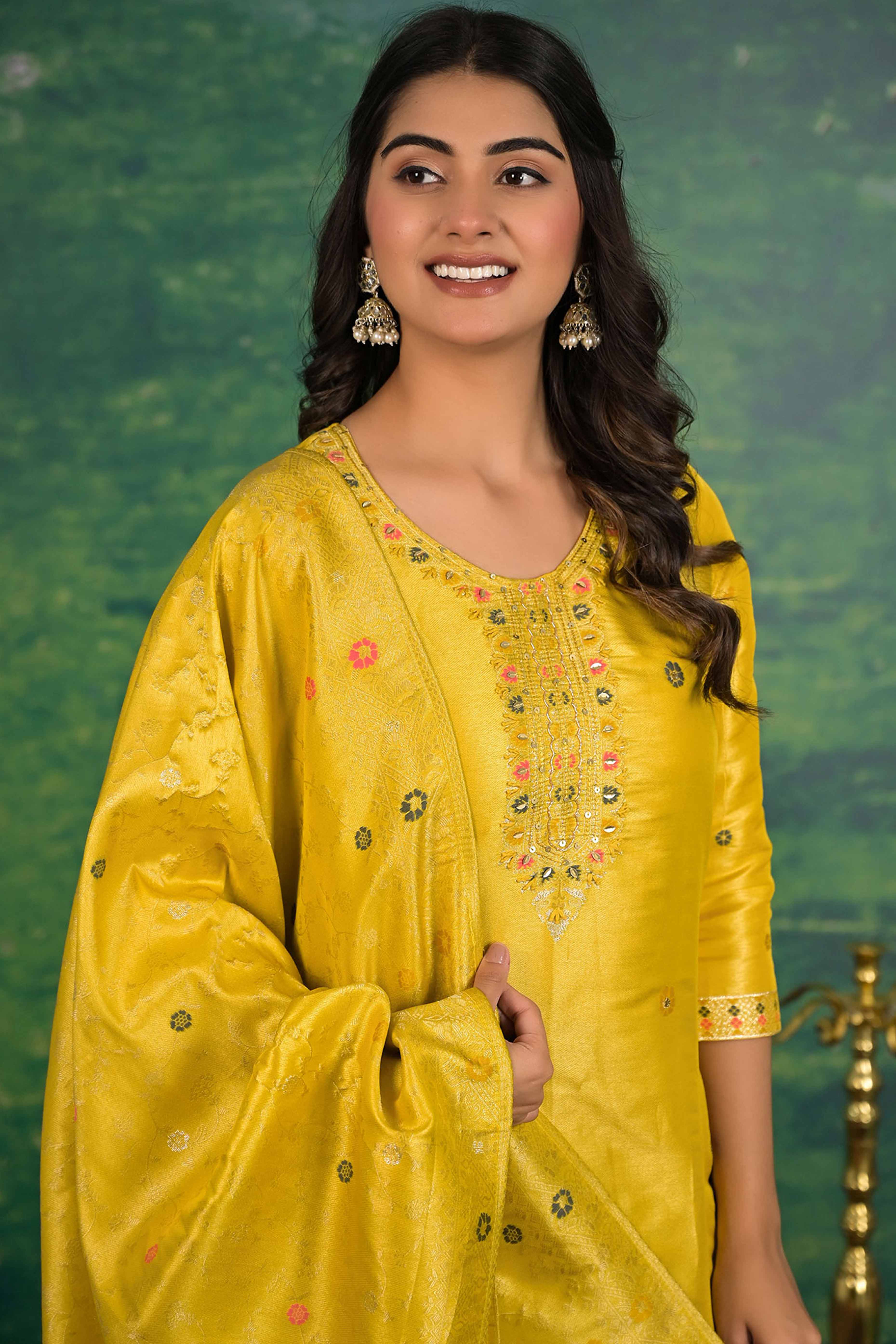 Mustard Floral Woven Dola Silk Salwar Suit