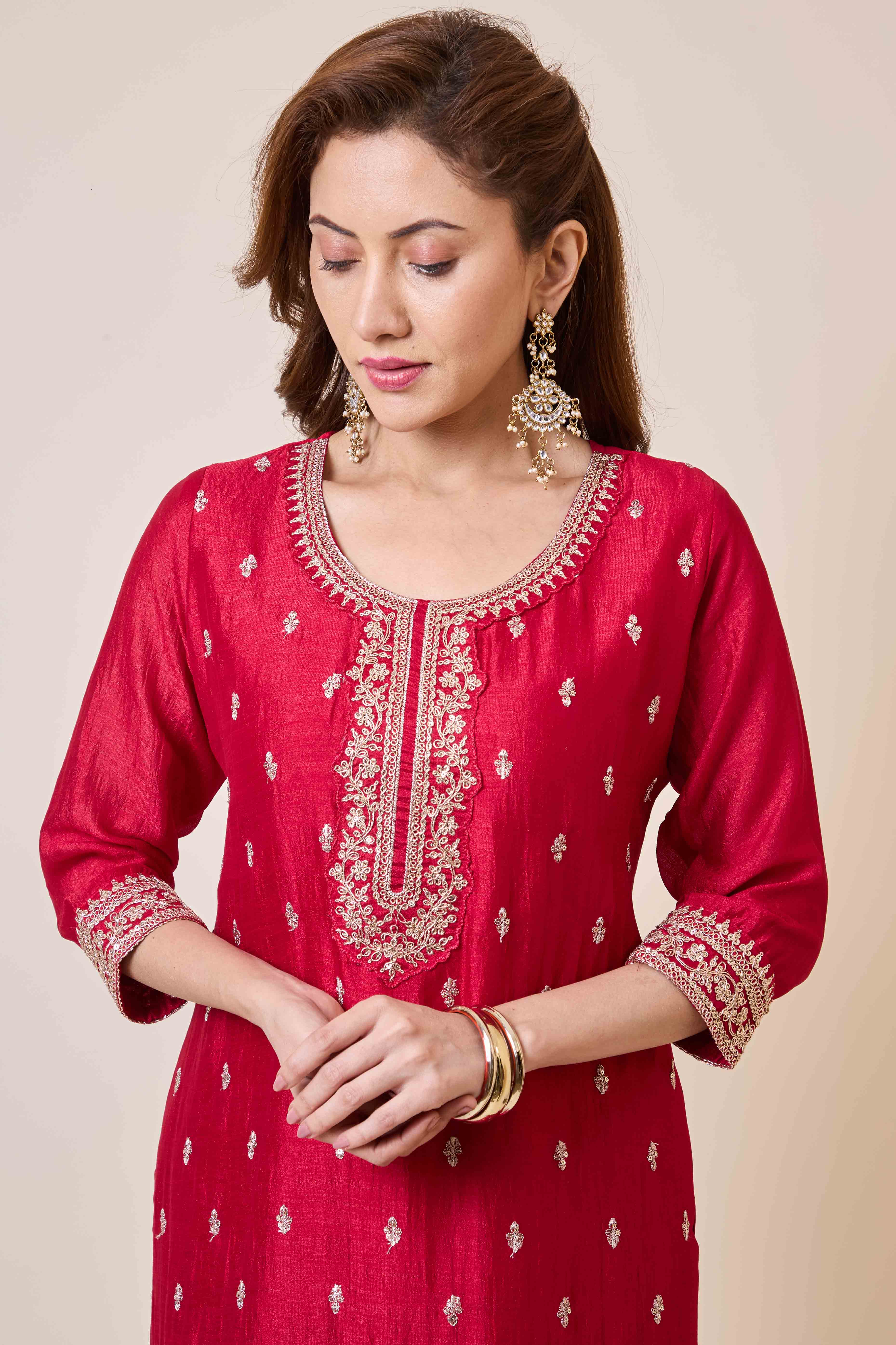 Dark Pink Embroidered Vichitra Silk Salwar Suit