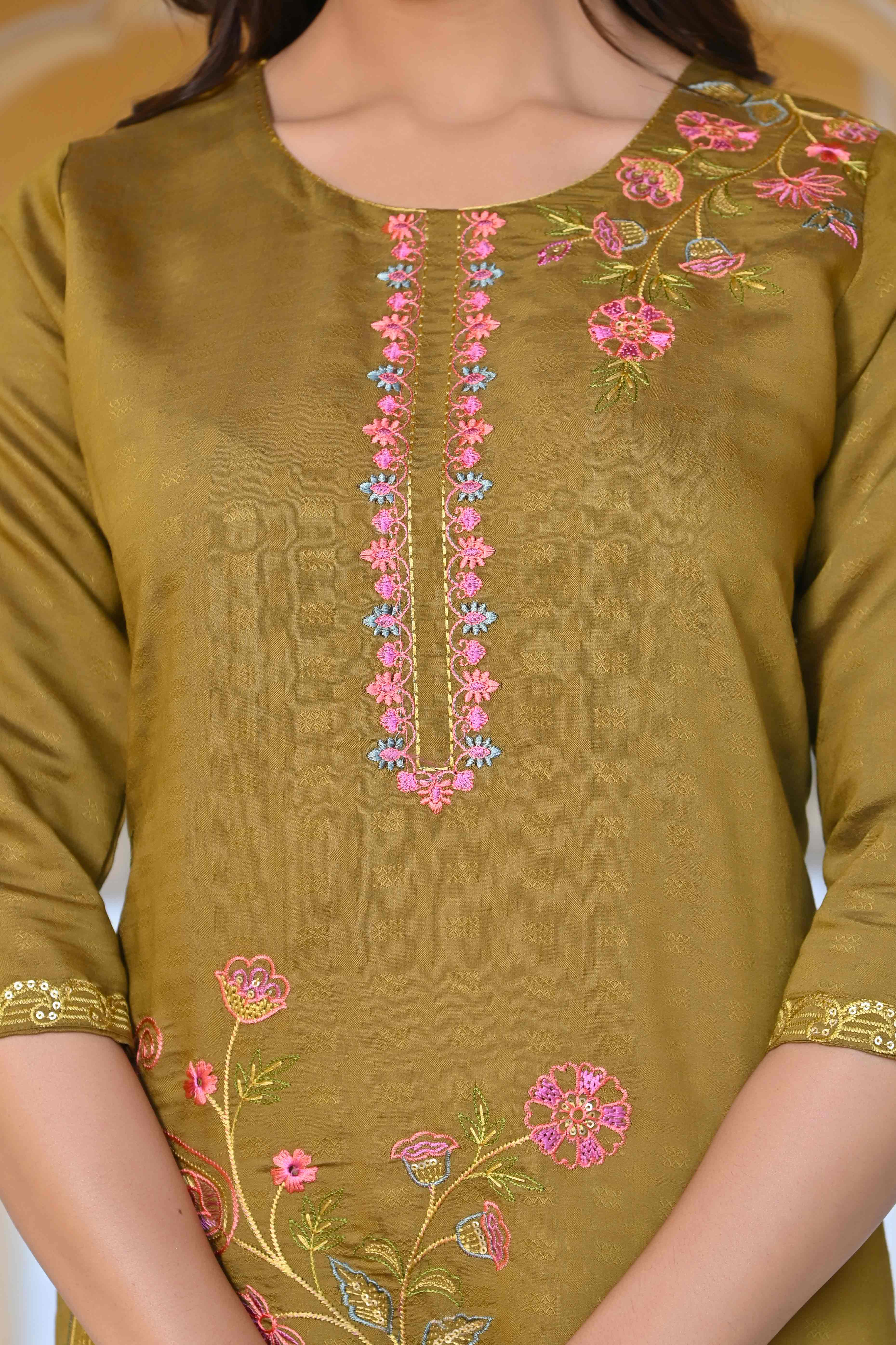 Olive Floral Embroidered Rayon Straight Kurti