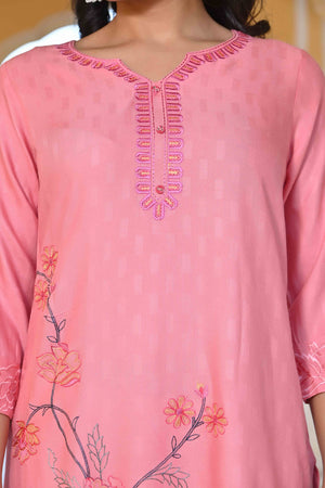 Peach Floral Embroidered Rayon Straight Kurti
