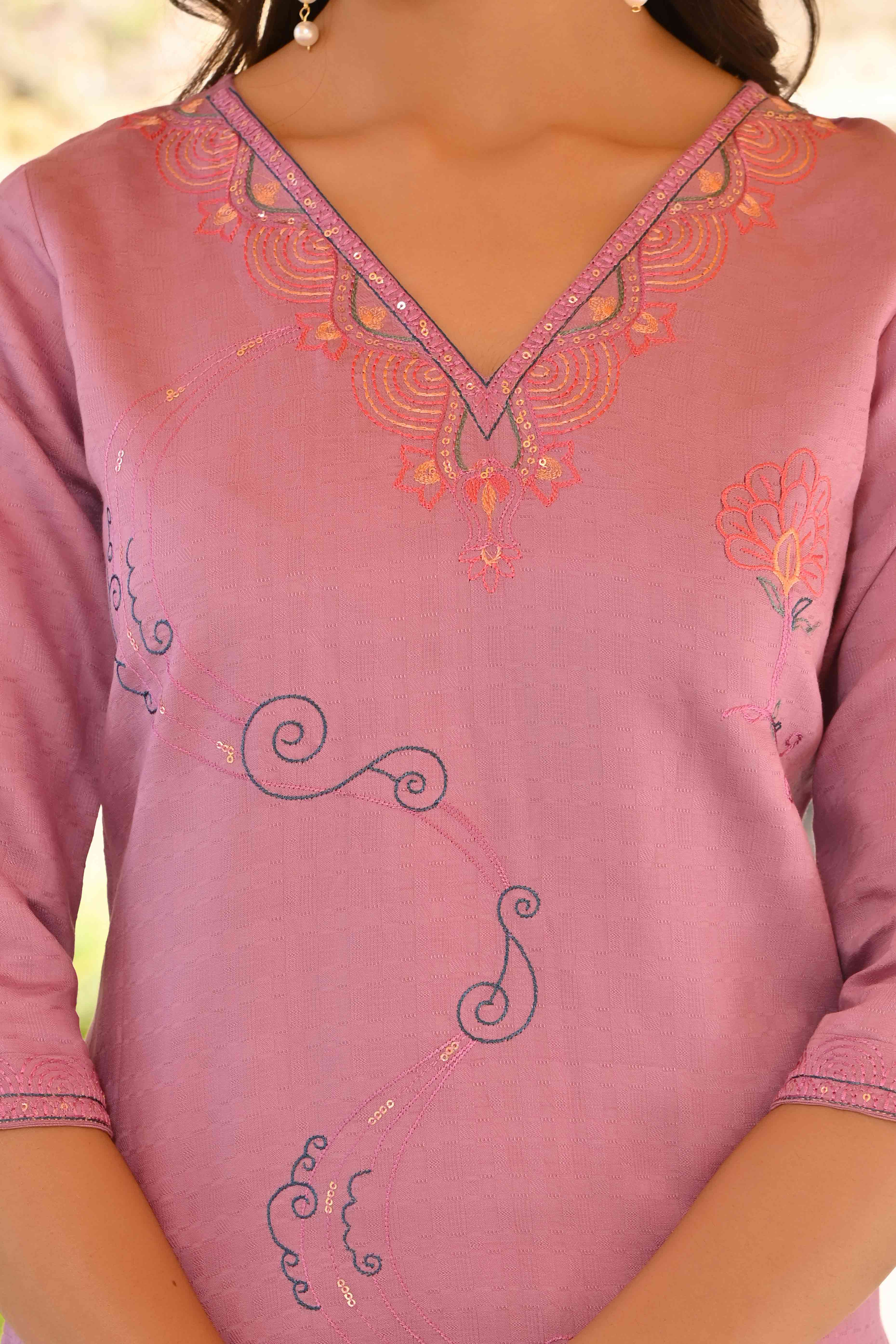 Lavender Floral Embroidered Rayon Straight Kurti