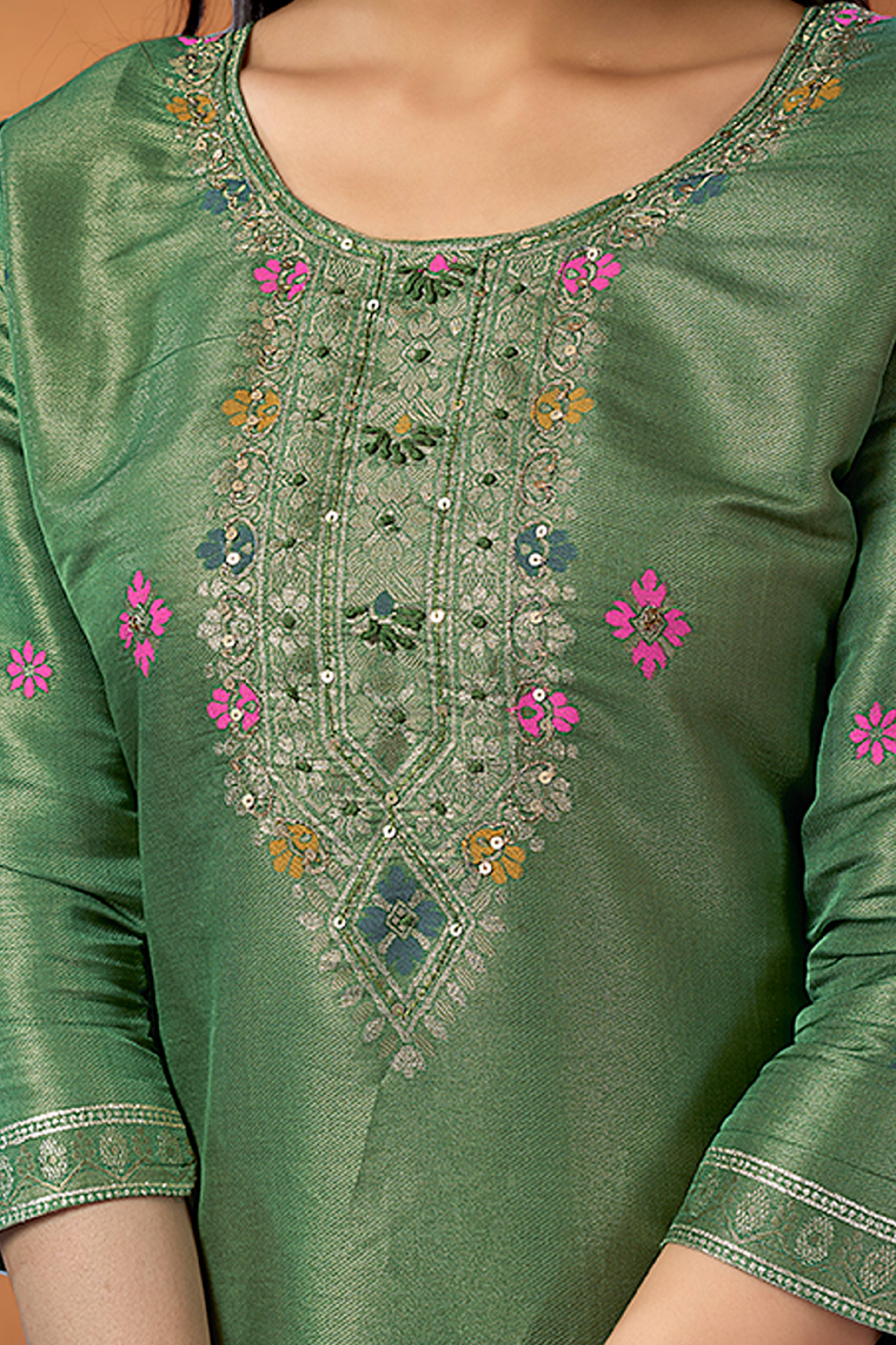 Mehandi Green Floral Handwork Woven Shimmer Straight Salwar Suit