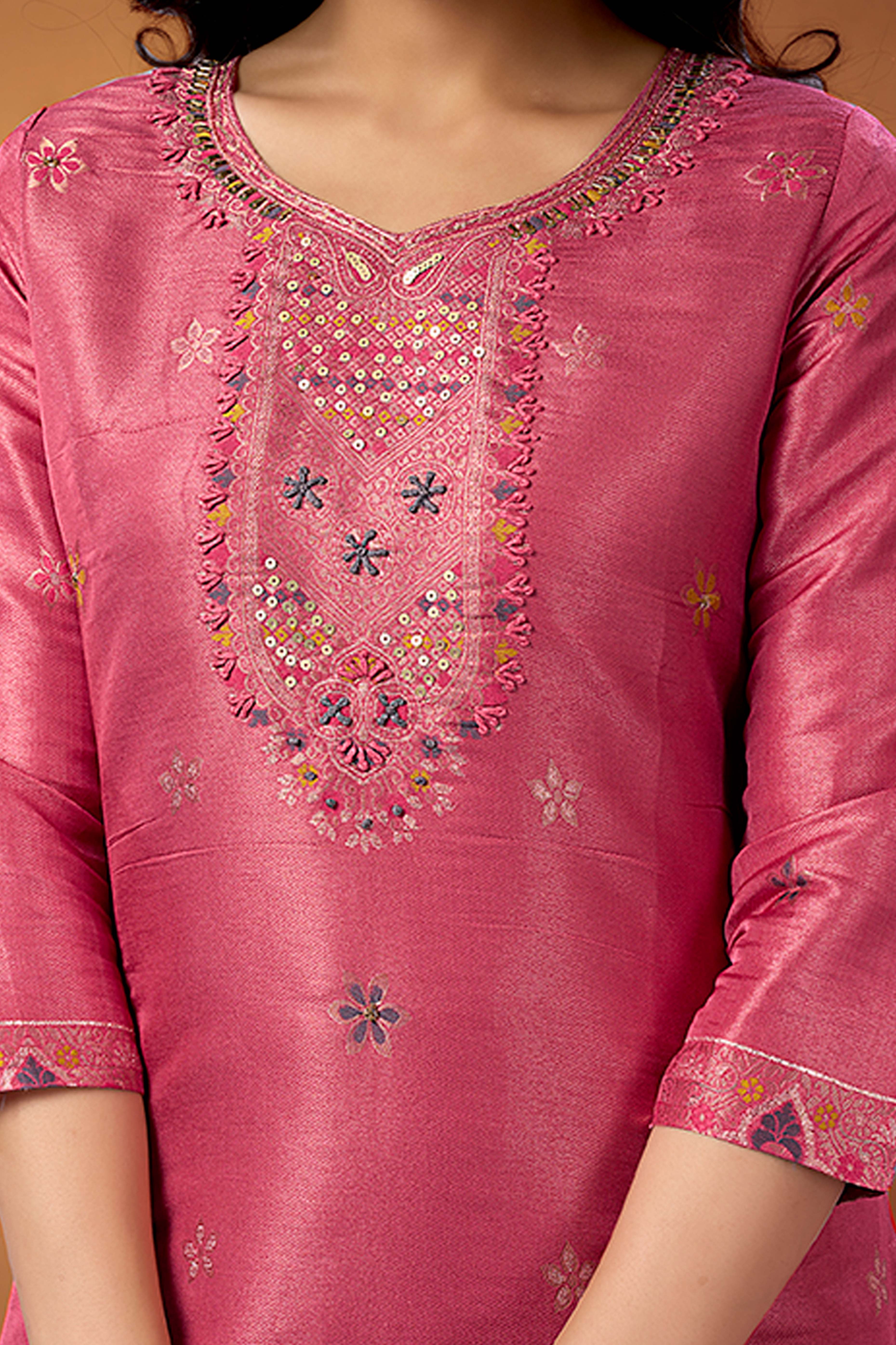 Peach Floral Embroidered Shimmer Jacquard Straight Salwar Suit