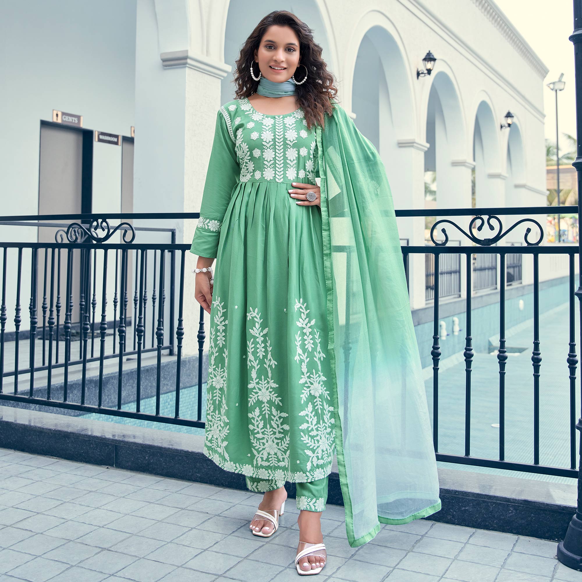 Pista Green Embroidered Rayon Salwar suit