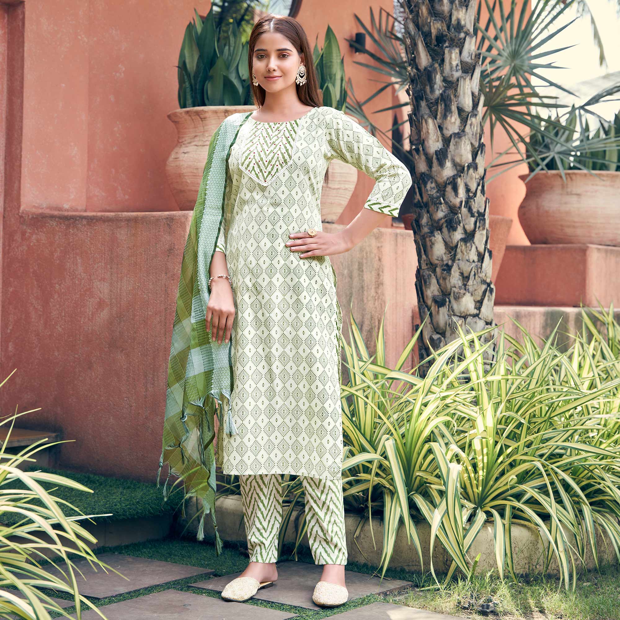 Off White & Green Printed Pure Cotton Salwar Suit