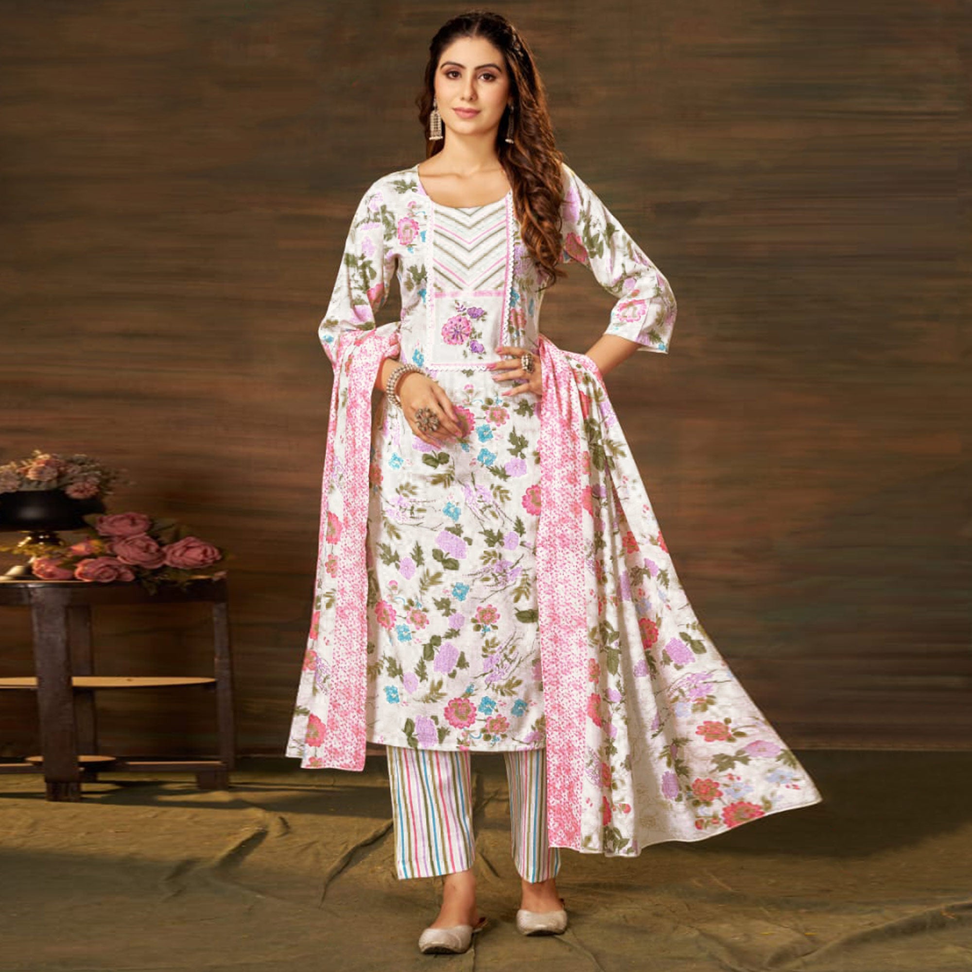 Off White Floral Printed Pure Cotton Salwar Suit