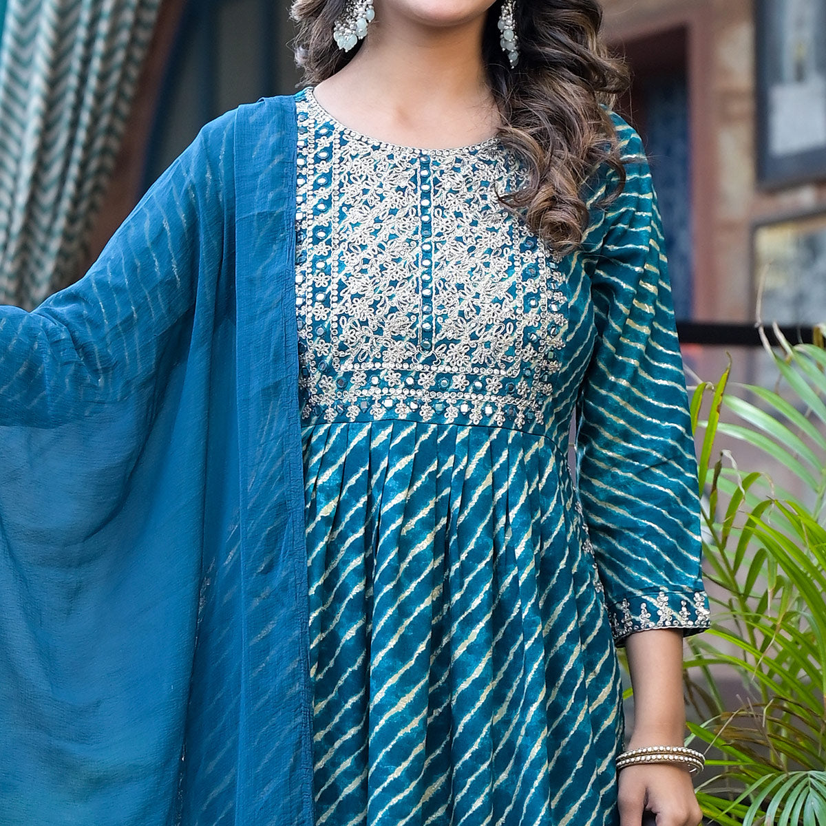 Blue Leheriya Printed Naira Cut Rayon Salwar Suit