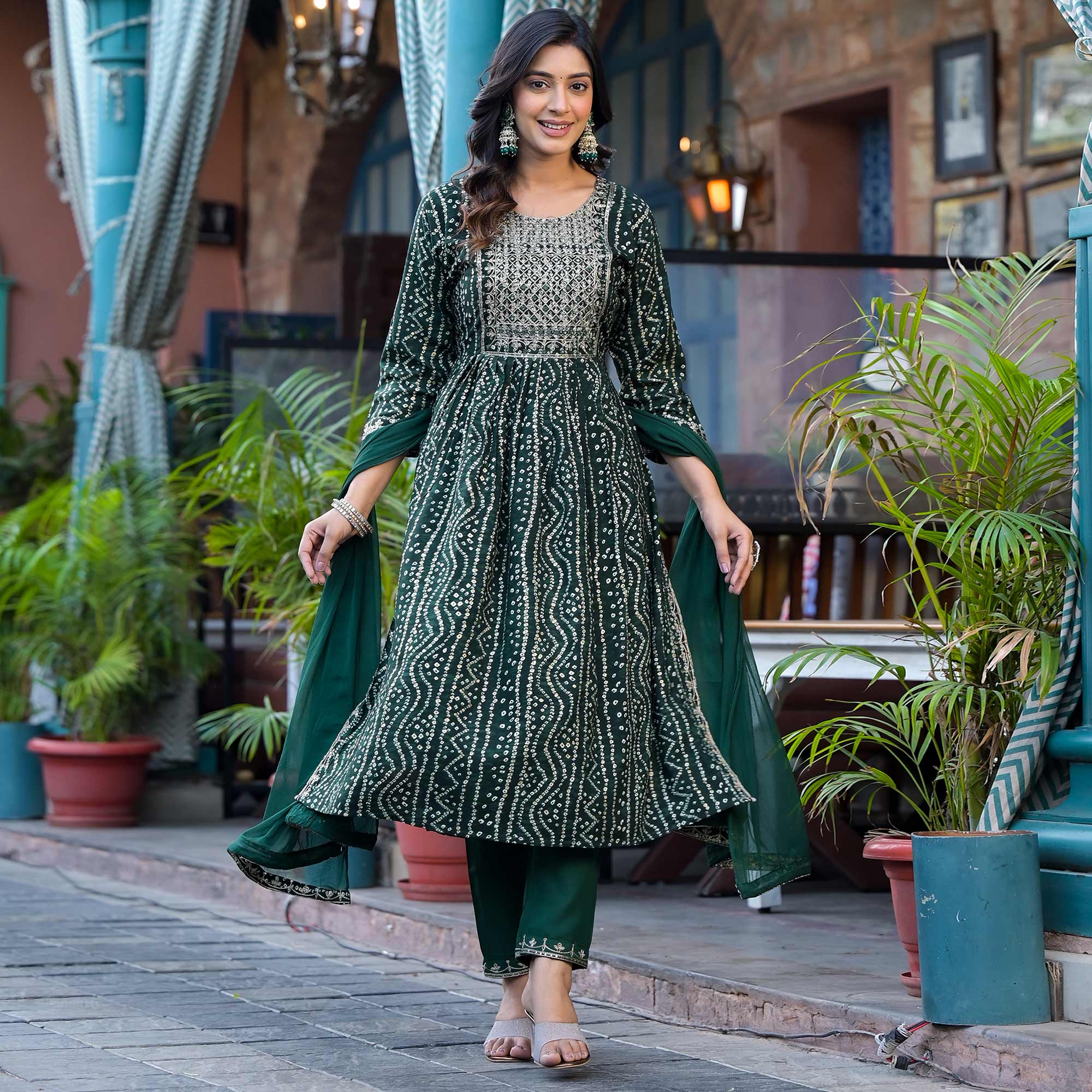 Green Bandhani Printed Naira Cut Rayon Salwar Suit