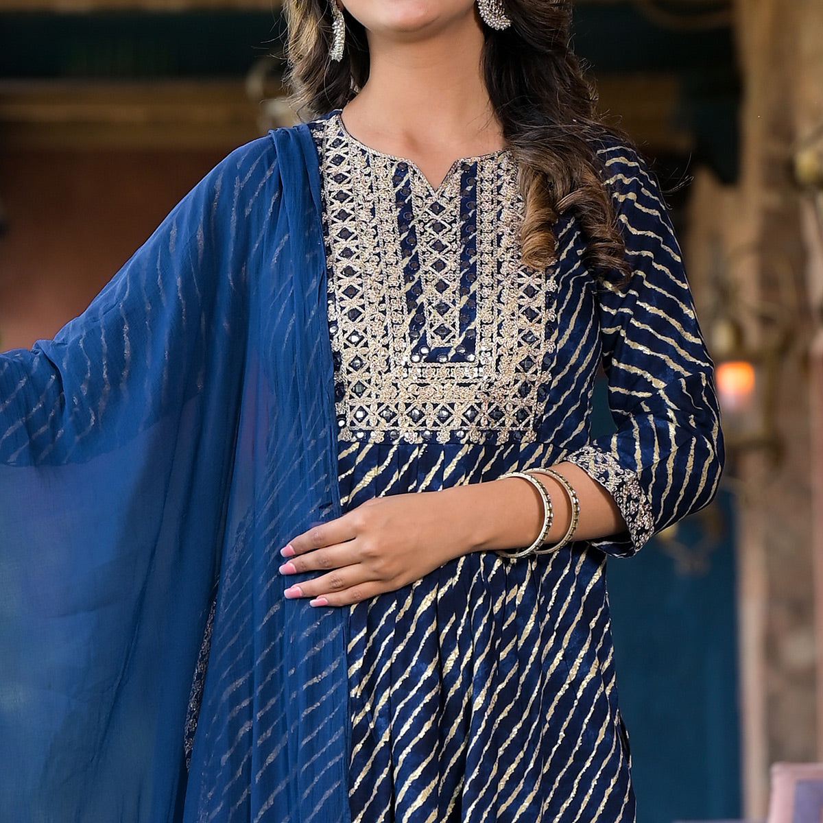 Navy Blue Leheriya Printed Naira Cut Rayon Salwar Suit