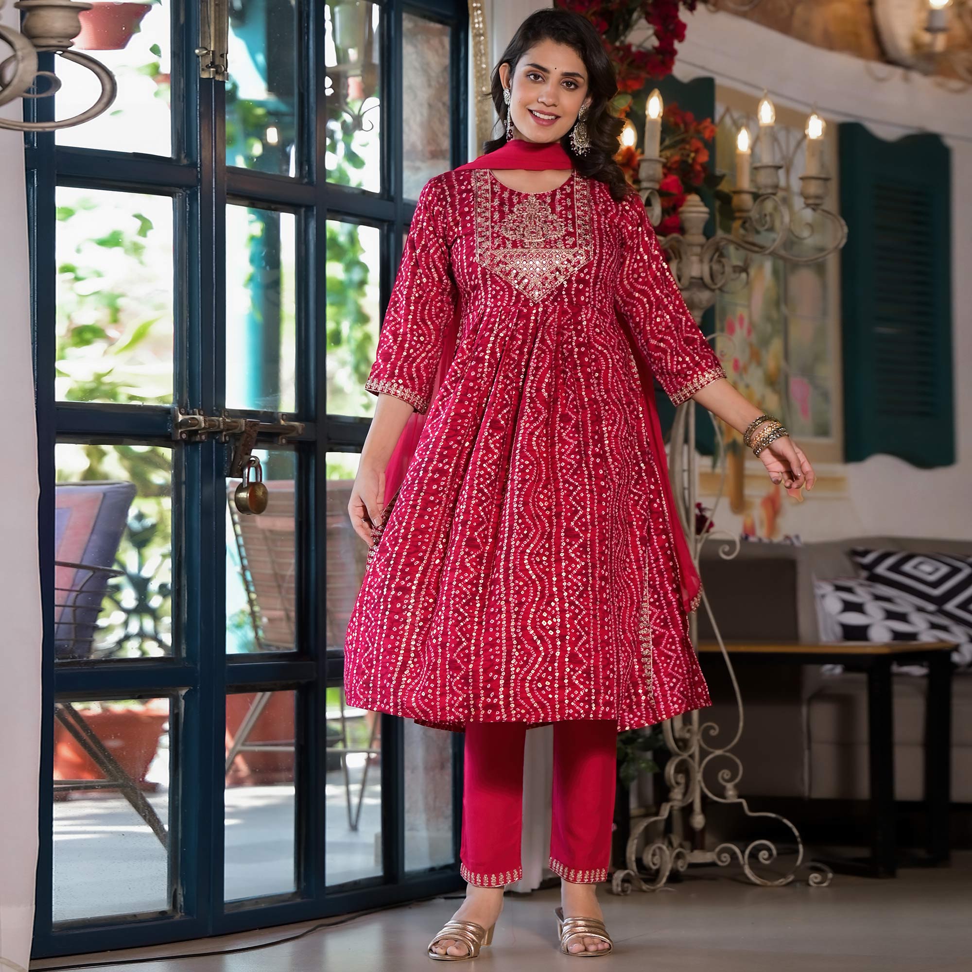 Pink Bandhani Printed Naira Cut Rayon Salwar Suit