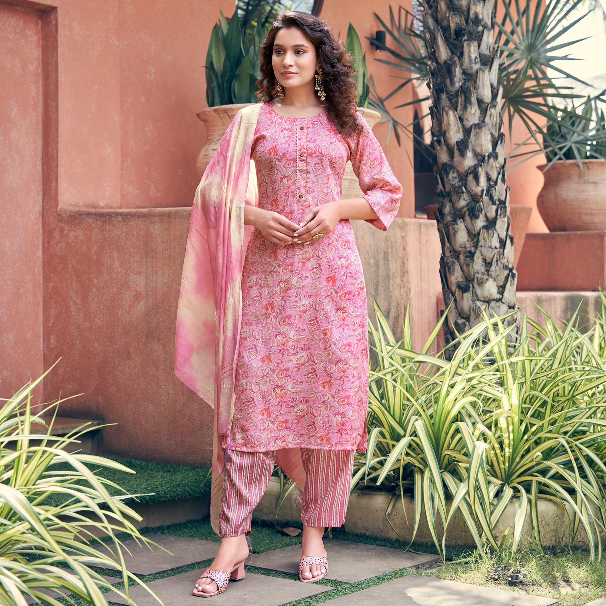 Pink Floral Foil Printed Rayon Suit