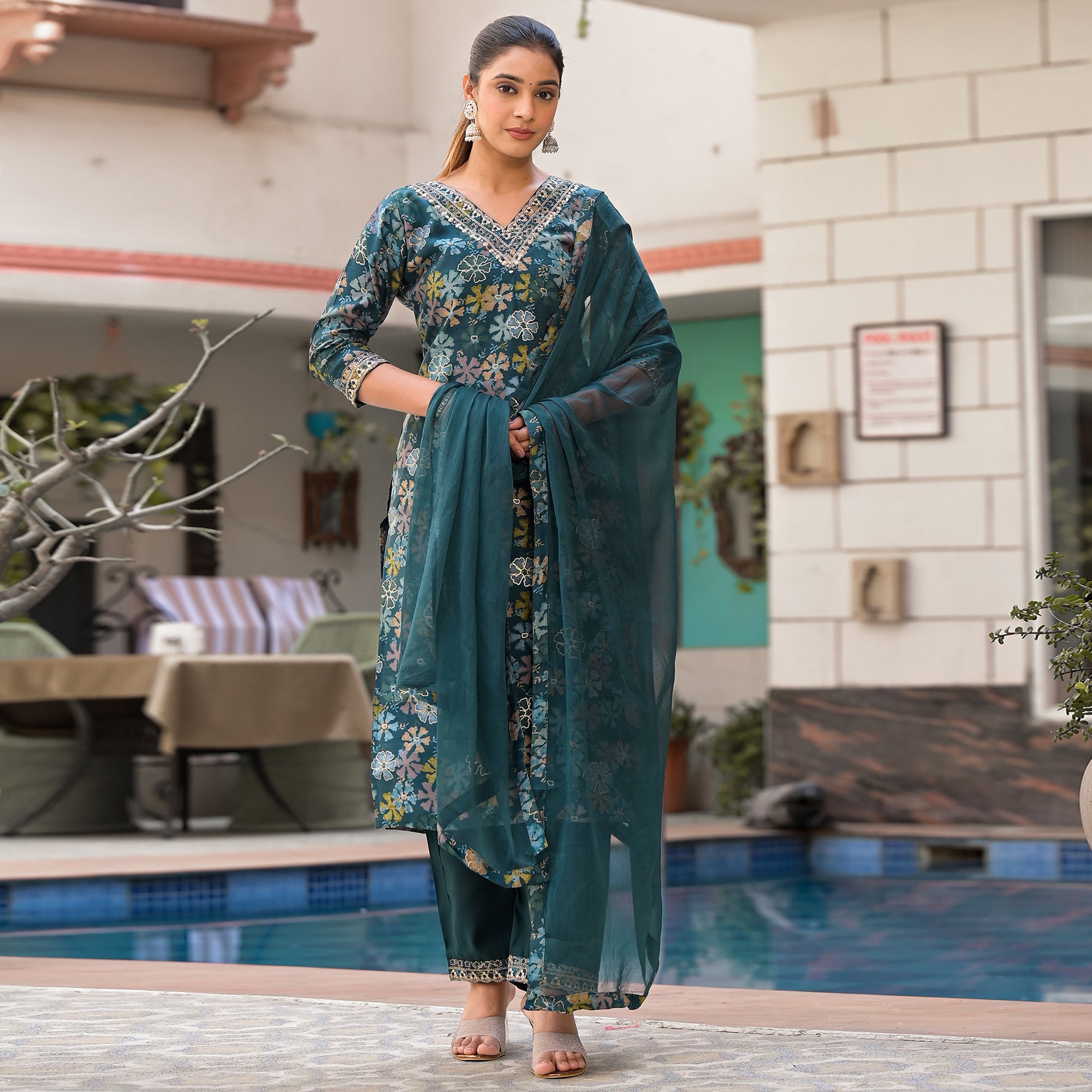 Teal Floral Foil Printed Chanderi Silk Salwar Suit