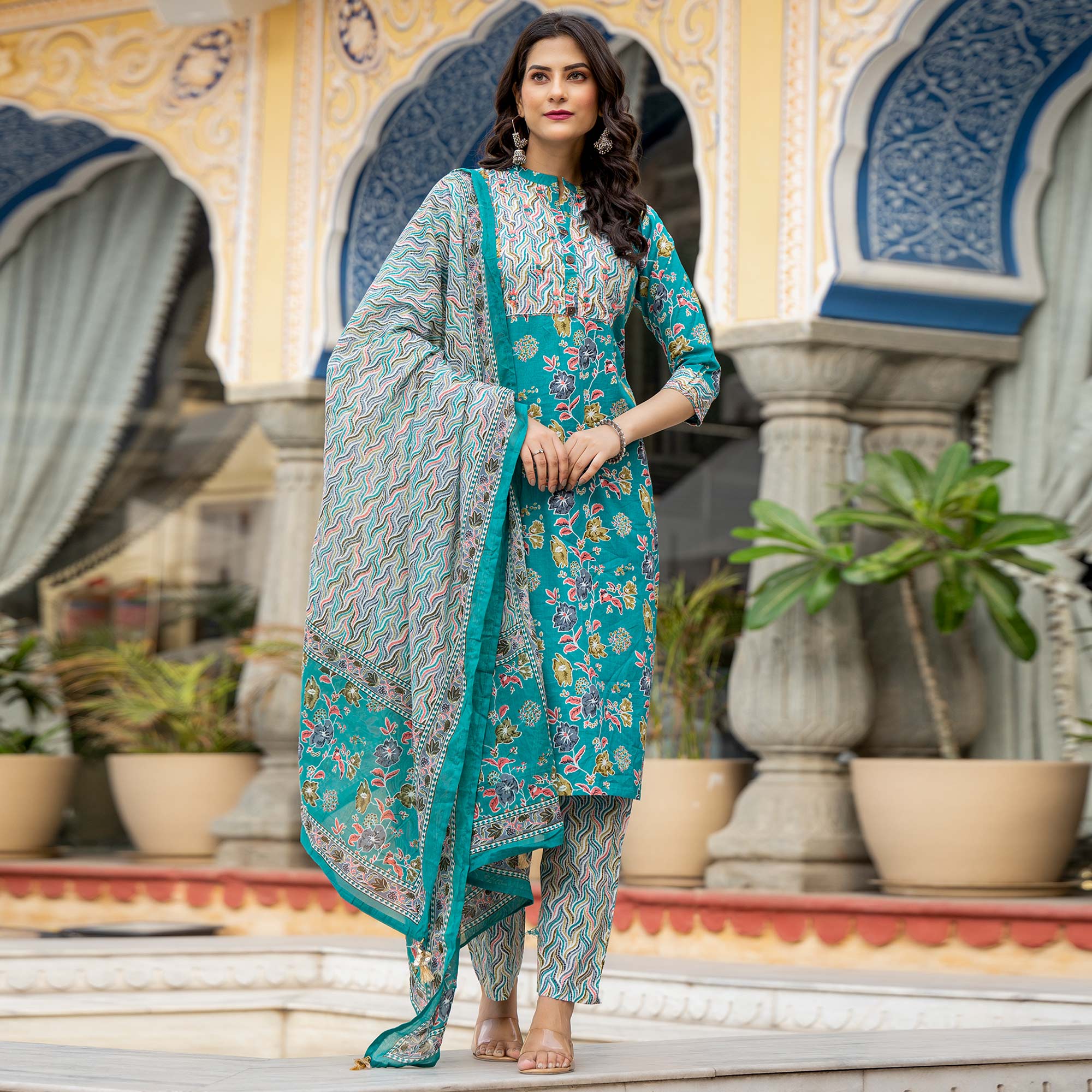 Turquoise Floral Printed Pure Cotton Straight Salwar Suit