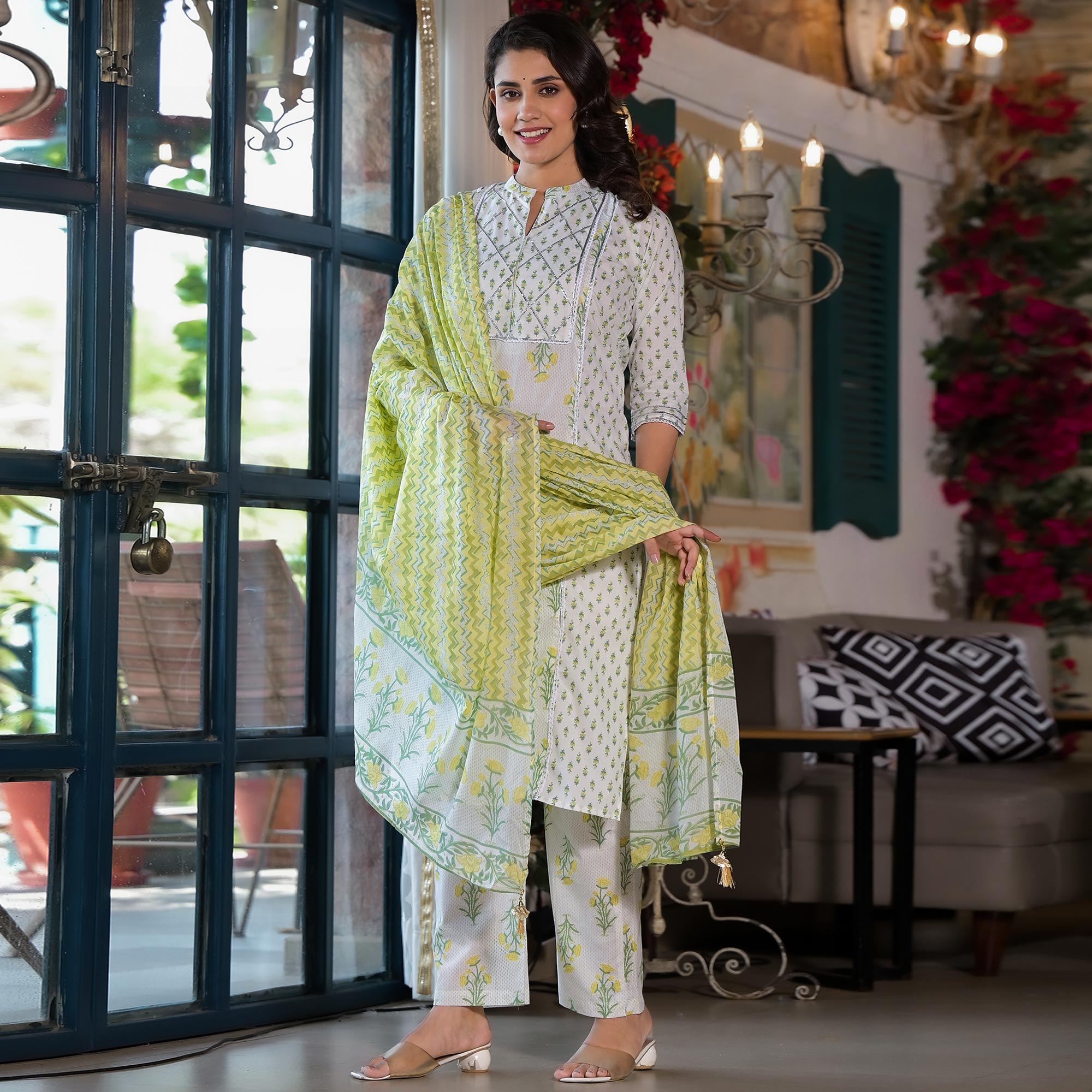 White & Lemon Yellow Floral Printed Pure Cotton Salwar Suit