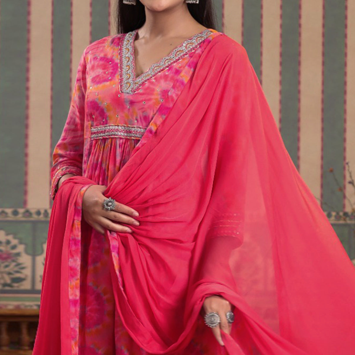 Peach & Pink Printed With Embroidered Chiffon Anarkali Suit
