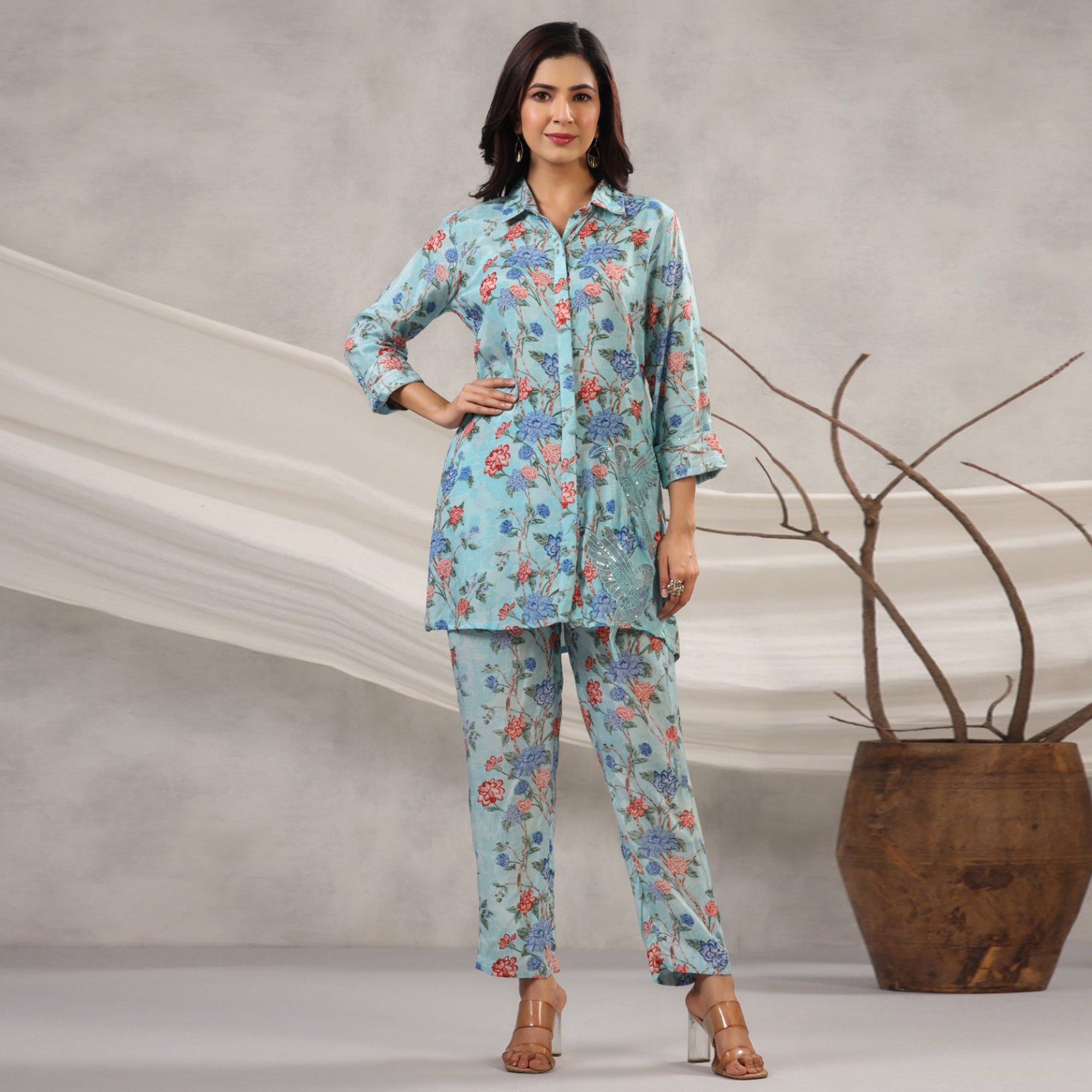 Blue Floral Printed Muslin Co Ord Set