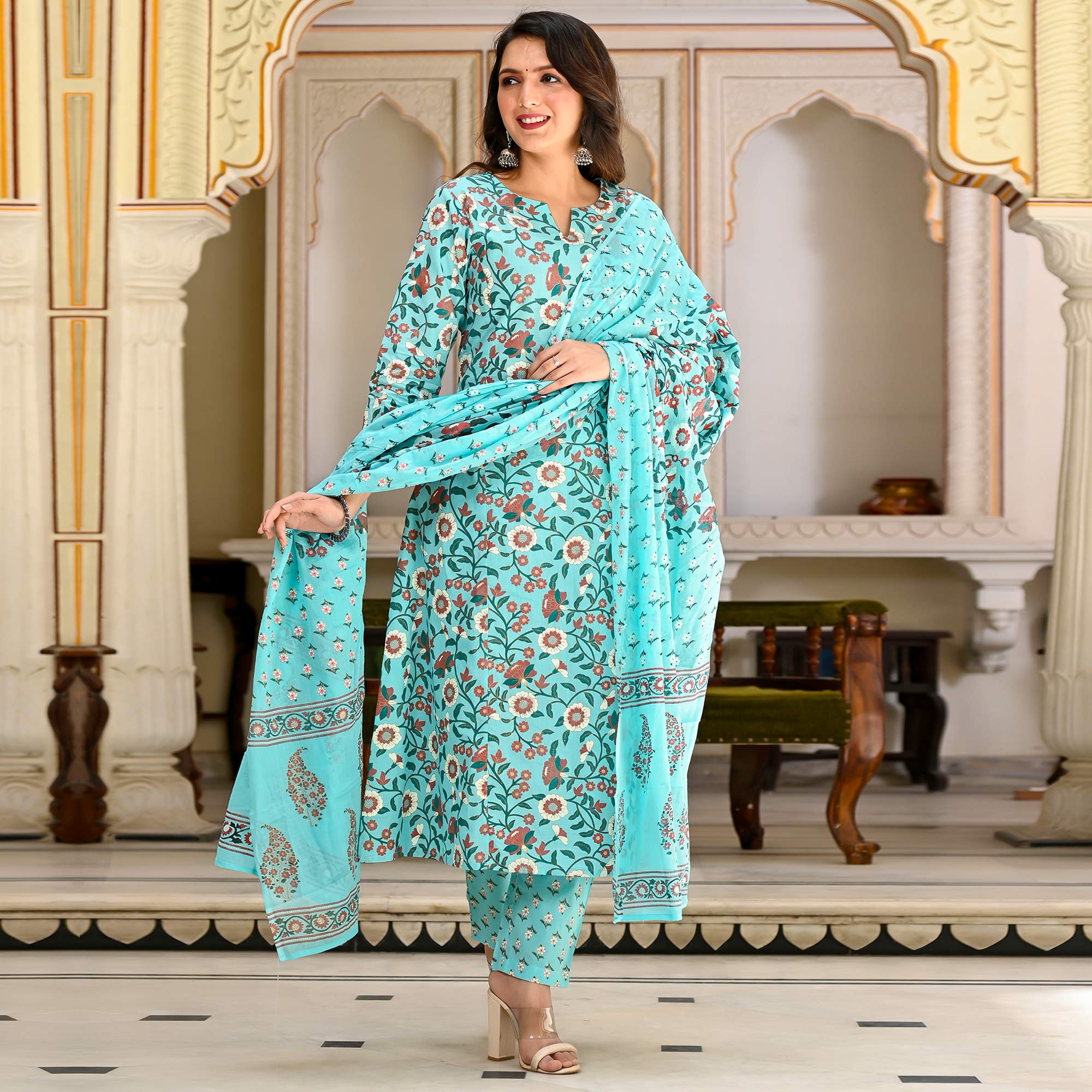 Aqua Blue Floral Printed Pure Cotton A Line Suit