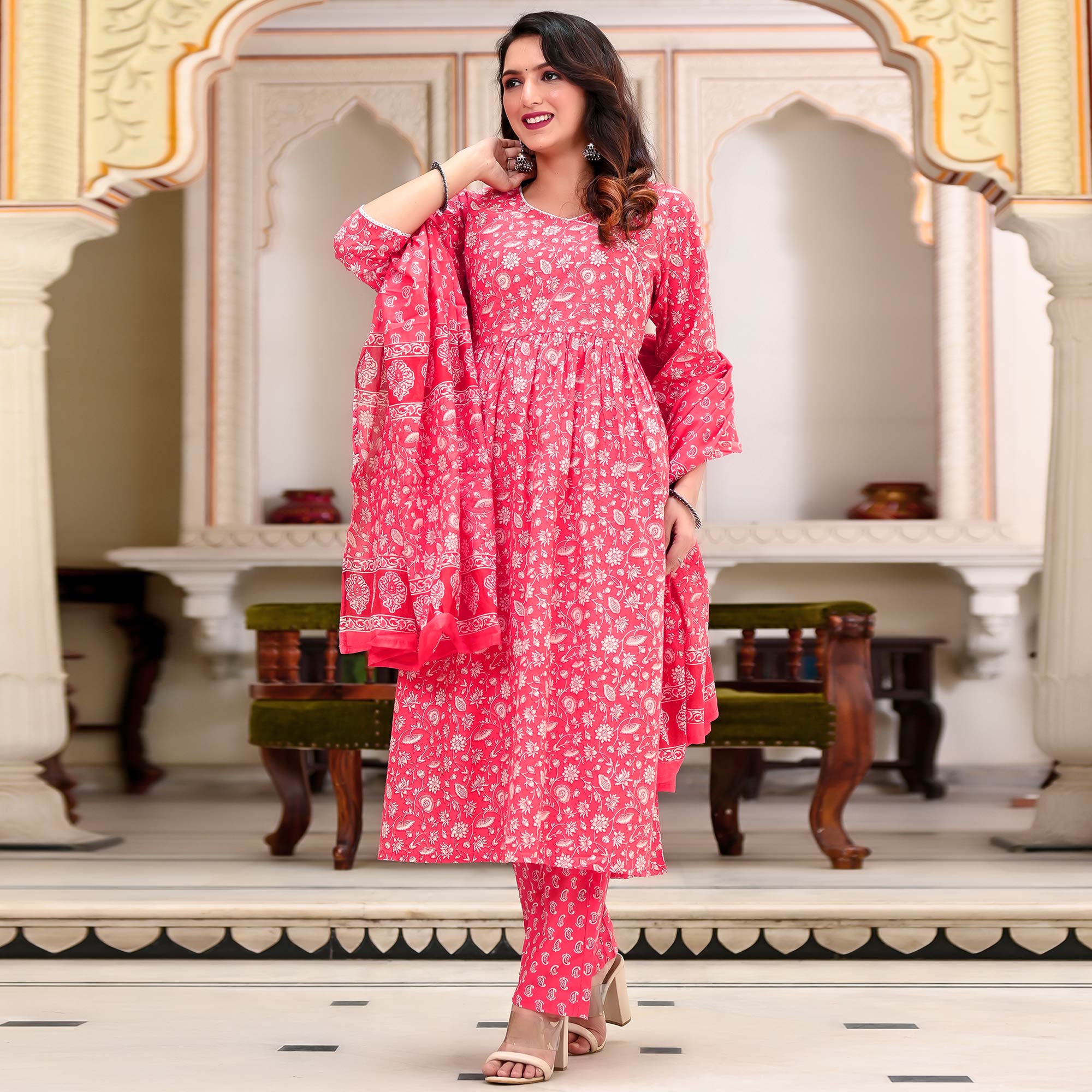 Pink Floral Printed Pure Cotton Anarkali Suit