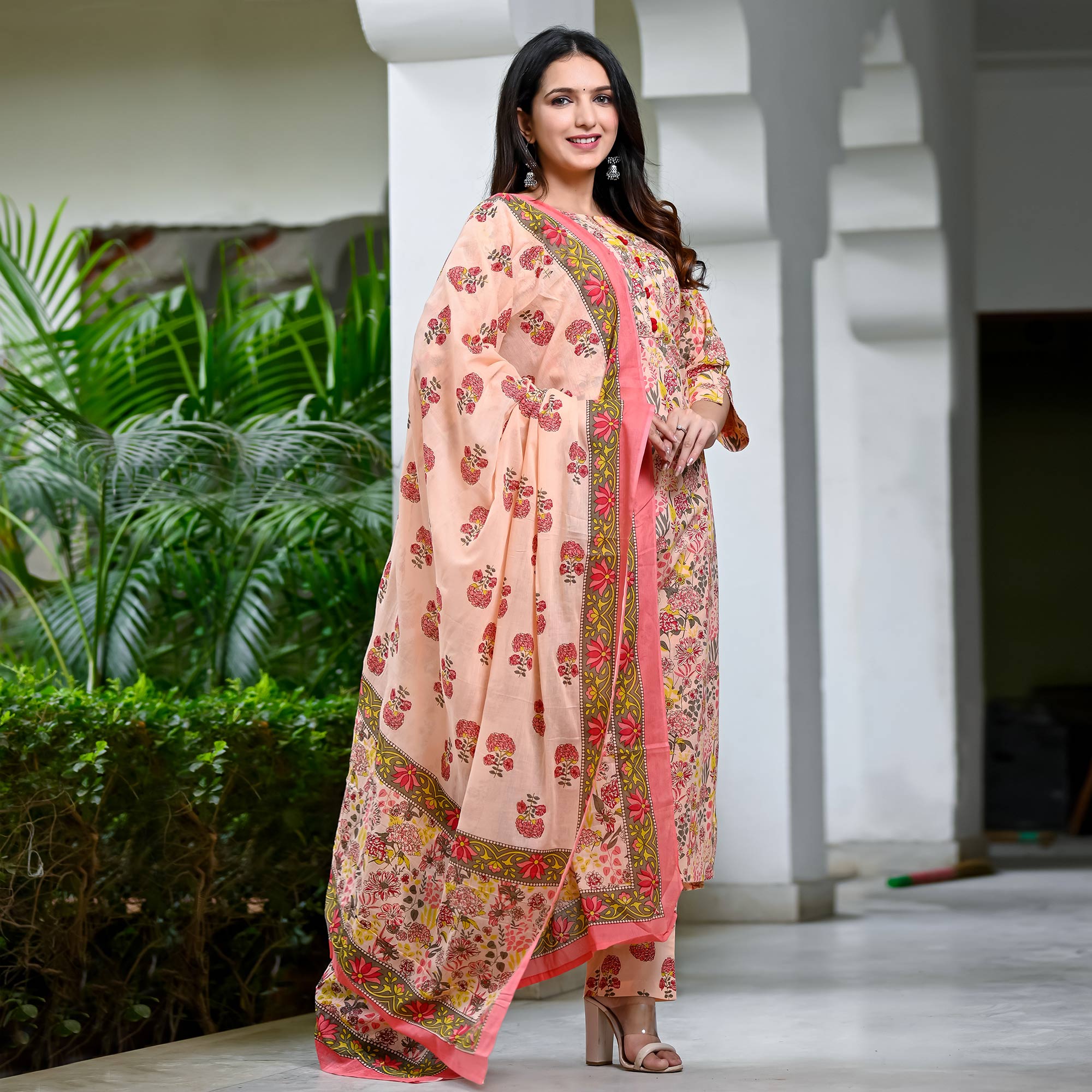 Peach Floral Printed Pure Cotton Salwar Suit