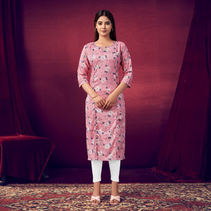 Pink Floral Foil Printed Rayon Kurti