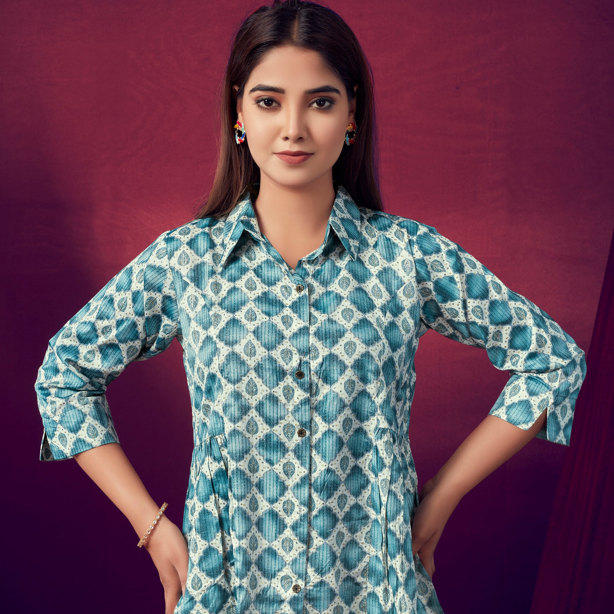 Turquoise Printed Pure Cotton Top