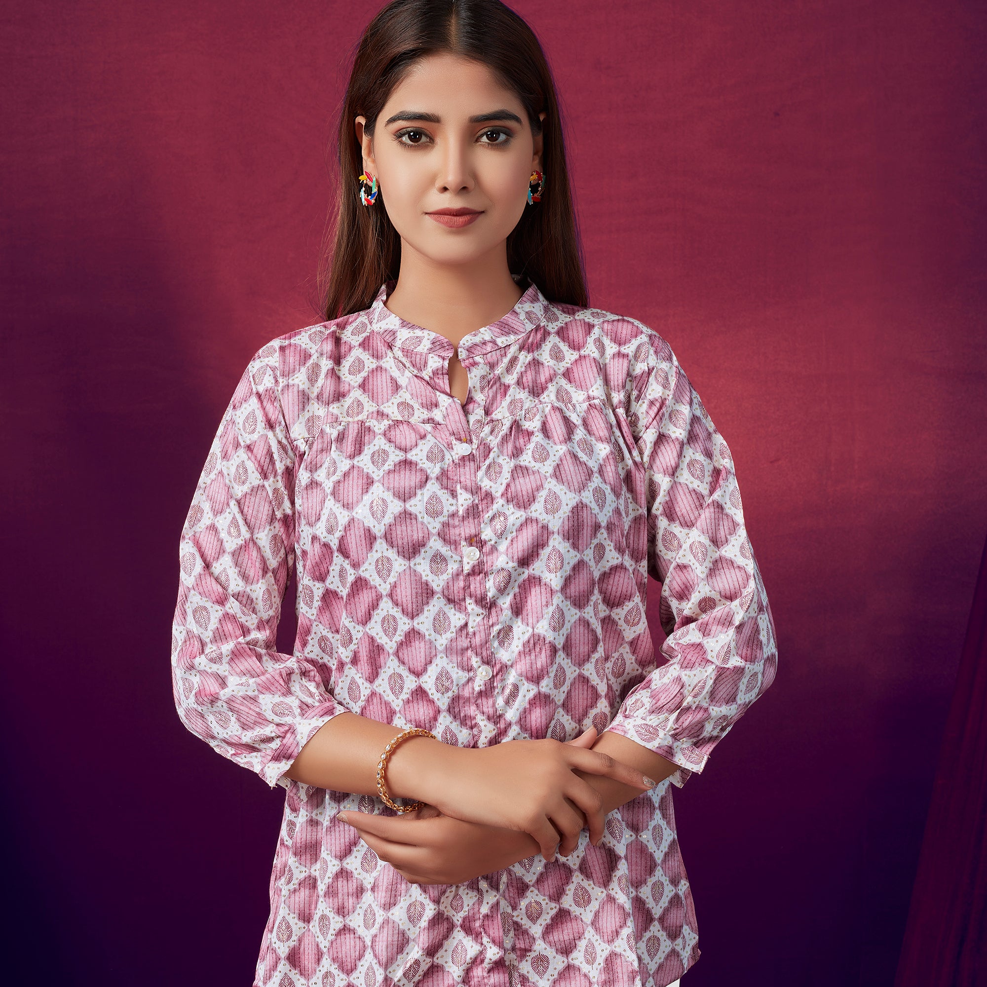 White & Pink Printed Chanderi Silk Top